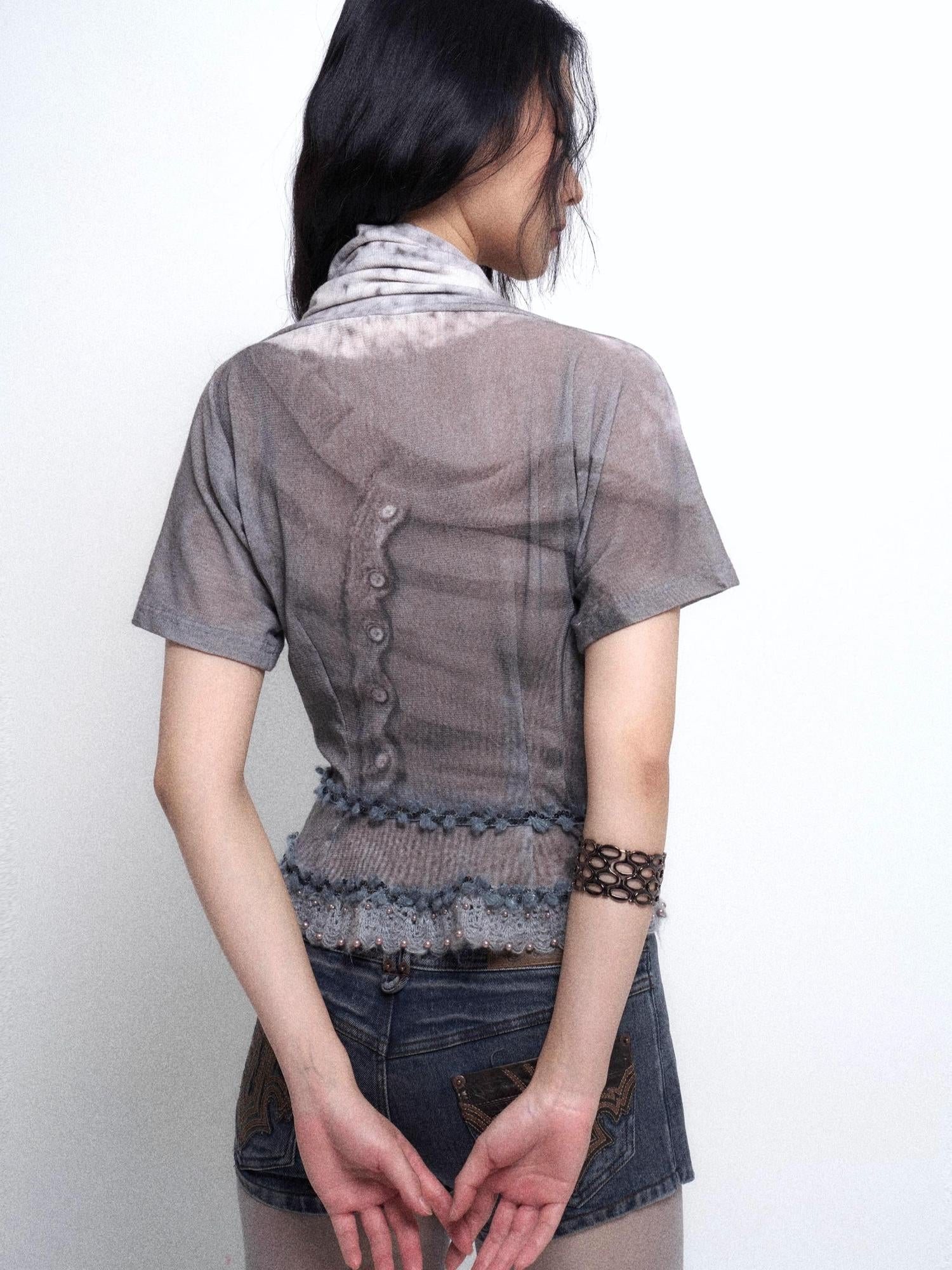 Flowers birds Market Detachable Faux Fur Collar Knit Cardigan