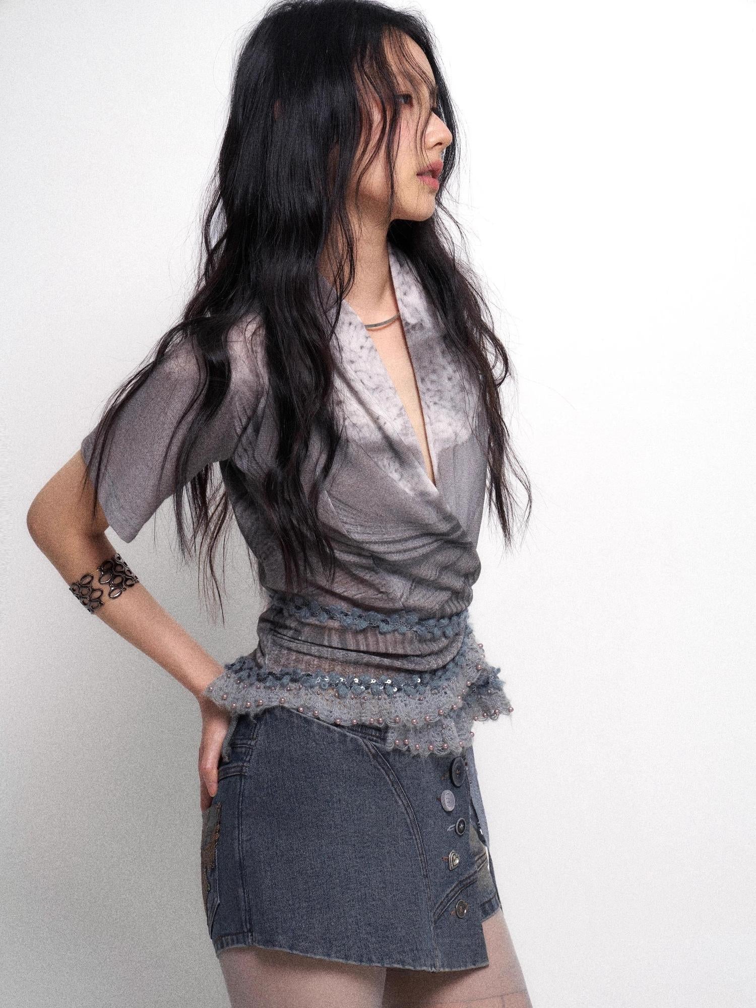 Flowers birds Market Detachable Faux Fur Collar Knit Cardigan