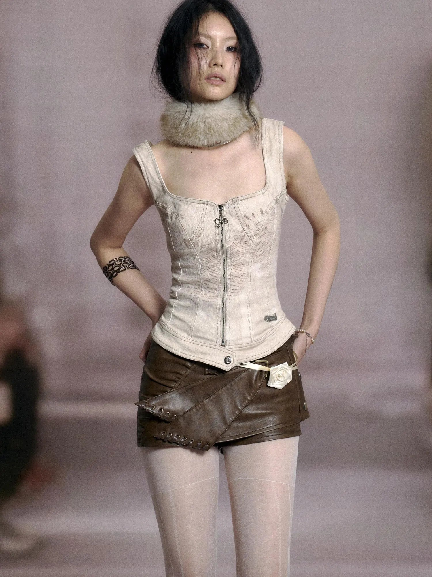 Detachable Fur Collar Stretch Denim Slim Bralette