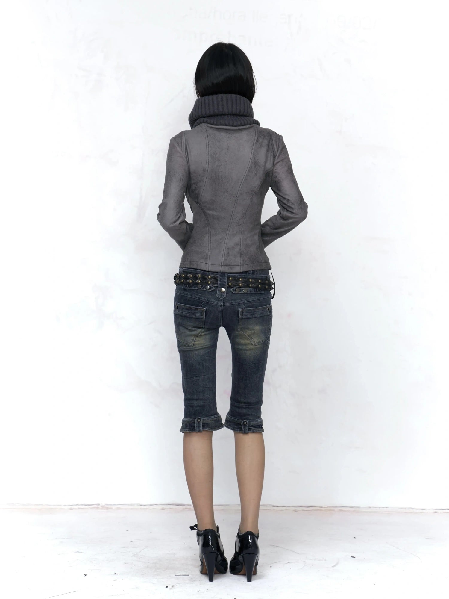 Flowers birds Market Embossed Faux Leather Slim Fit Zip Front Turn Down Collar Vintage Womens Jacket