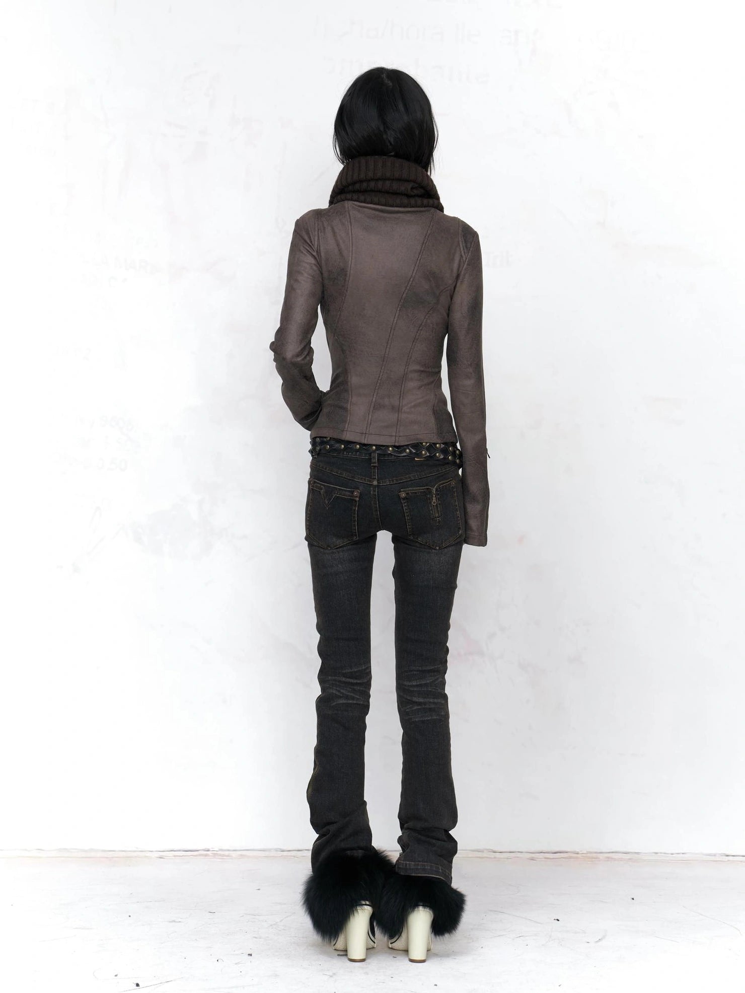 Flowers birds Market Embossed Faux Leather Slim Fit Zip Front Turn Down Collar Vintage Womens Jacket