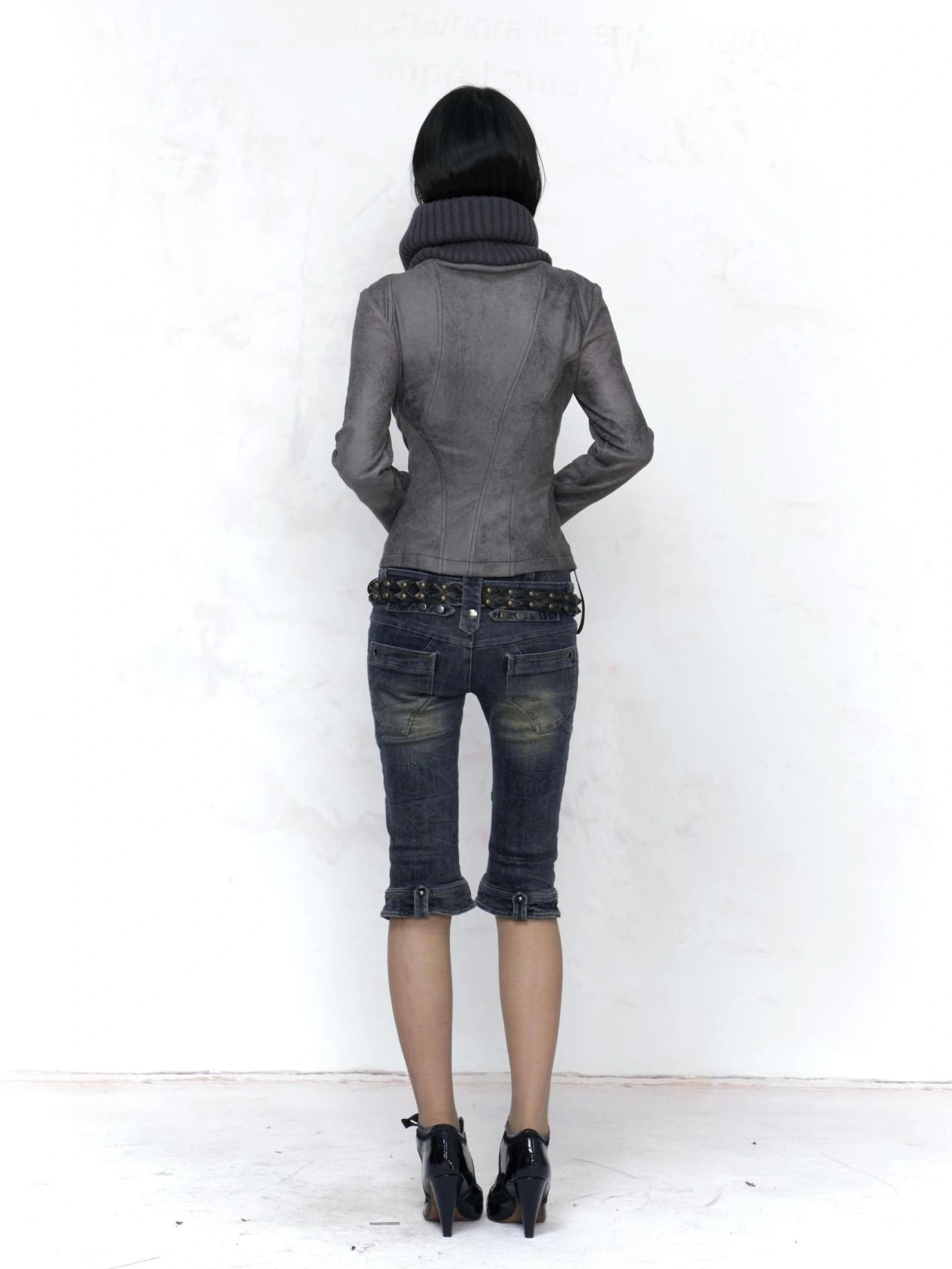 Flowers birds Market Embossed Faux Leather Slim Fit Zip Front Turn Down Collar Vintage Womens Jacket