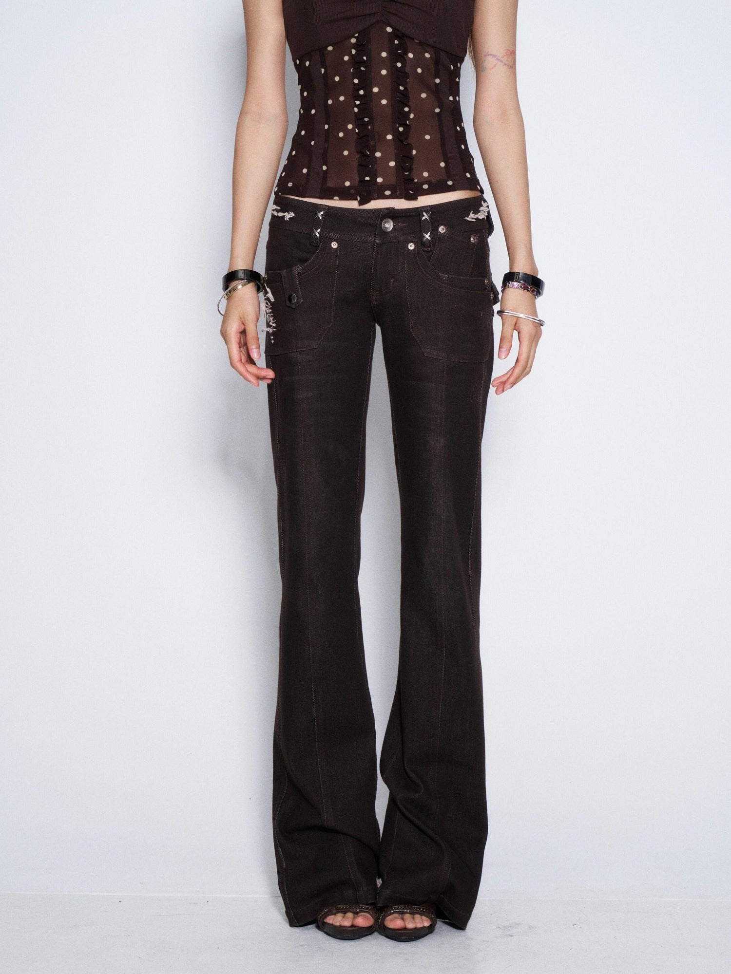 Flowers_birds_Market Embroidered Floral Low Rise Denim Women Deep Brown Straight-Leg Jeans
