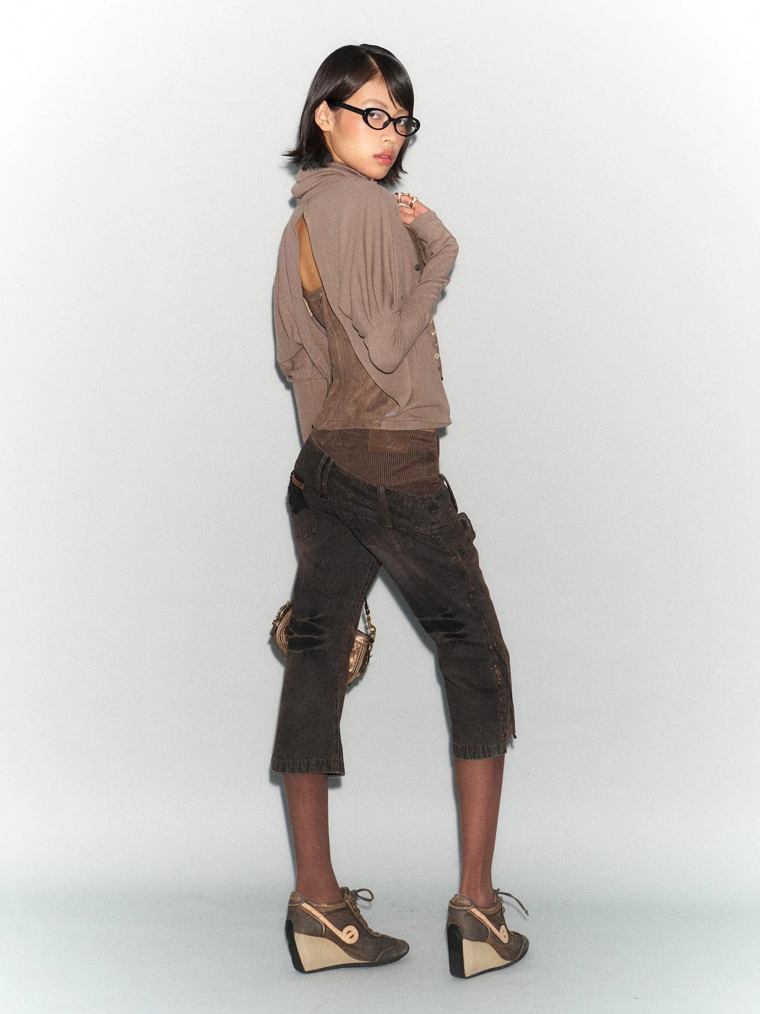 Faux Leather Knit Long Sleeve Top Stretch Slim Fit Multi-Way Wear
