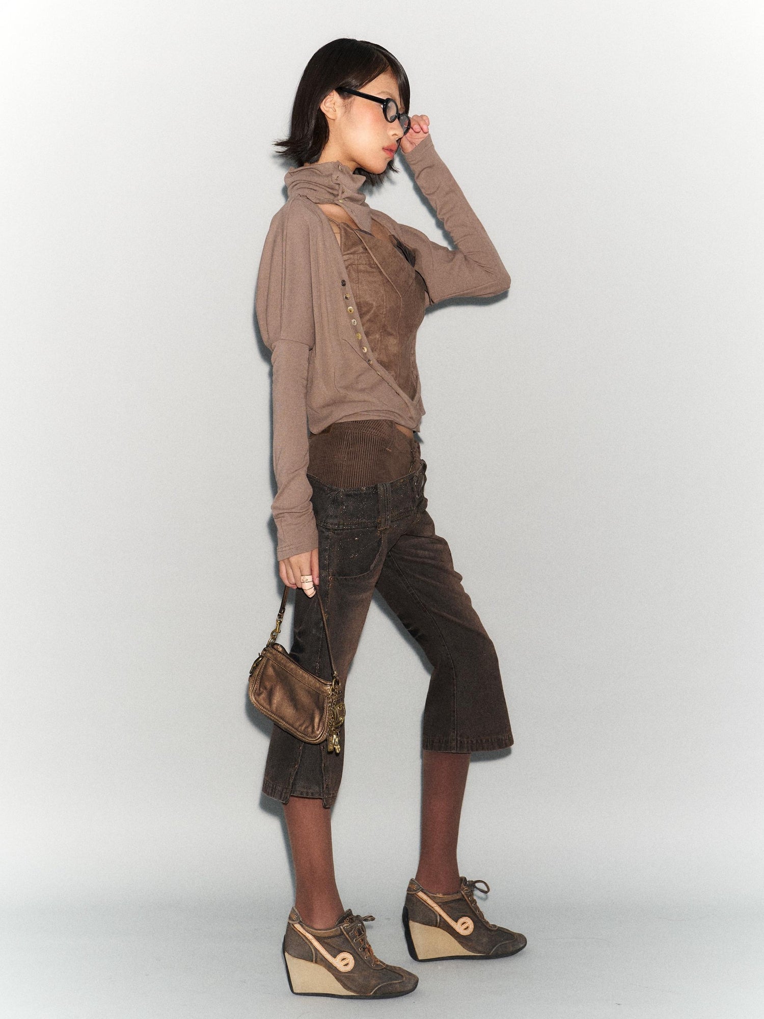 Flowers birds Market Faux Leather Knit Long Sleeve Top Stretch Slim Fit Multi-Way Wear