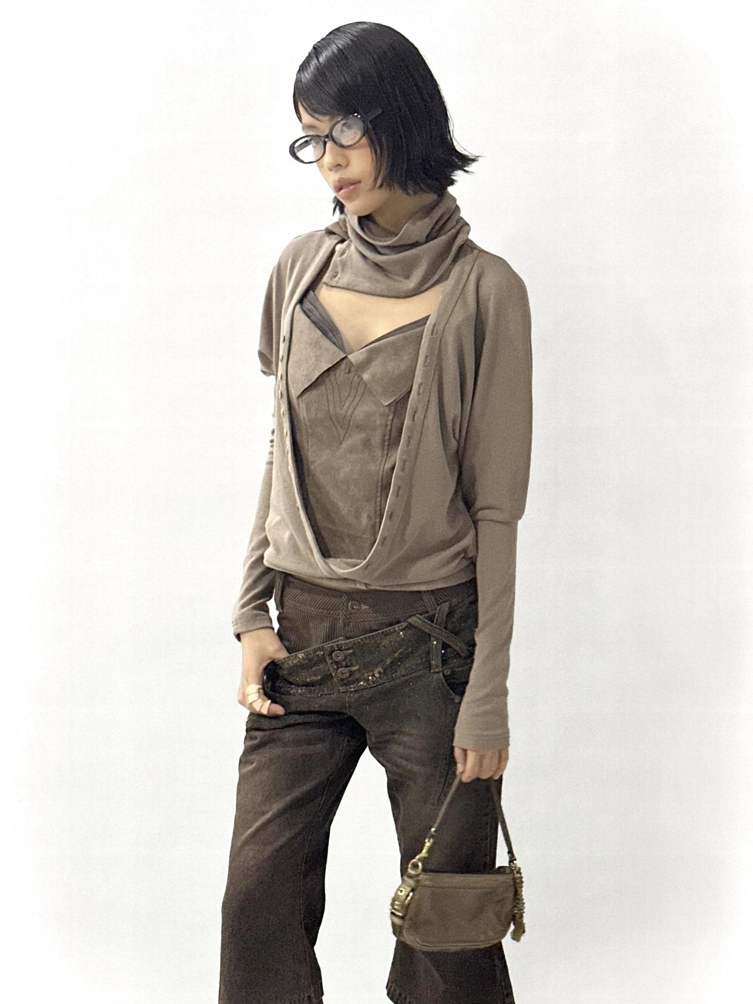 Faux Leather Knit Long Sleeve Top Stretch Slim Fit Multi-Way Wear