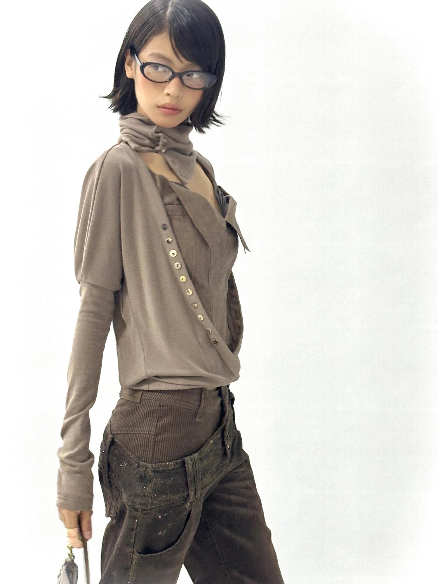 Faux Leather Knit Long Sleeve Top Stretch Slim Fit Multi-Way Wear