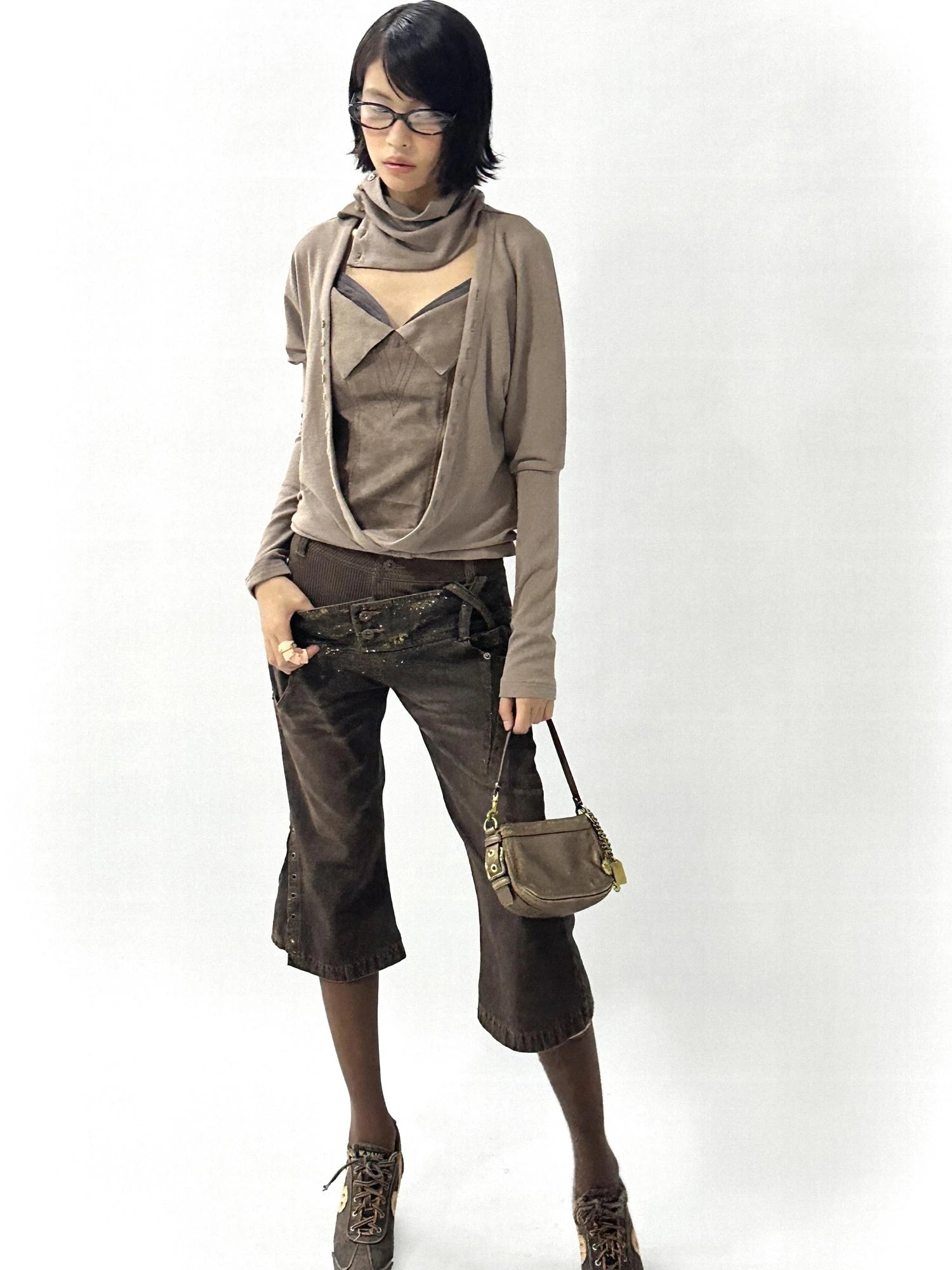 Faux Leather Knit Long Sleeve Top Stretch Slim Fit Multi-Way Wear
