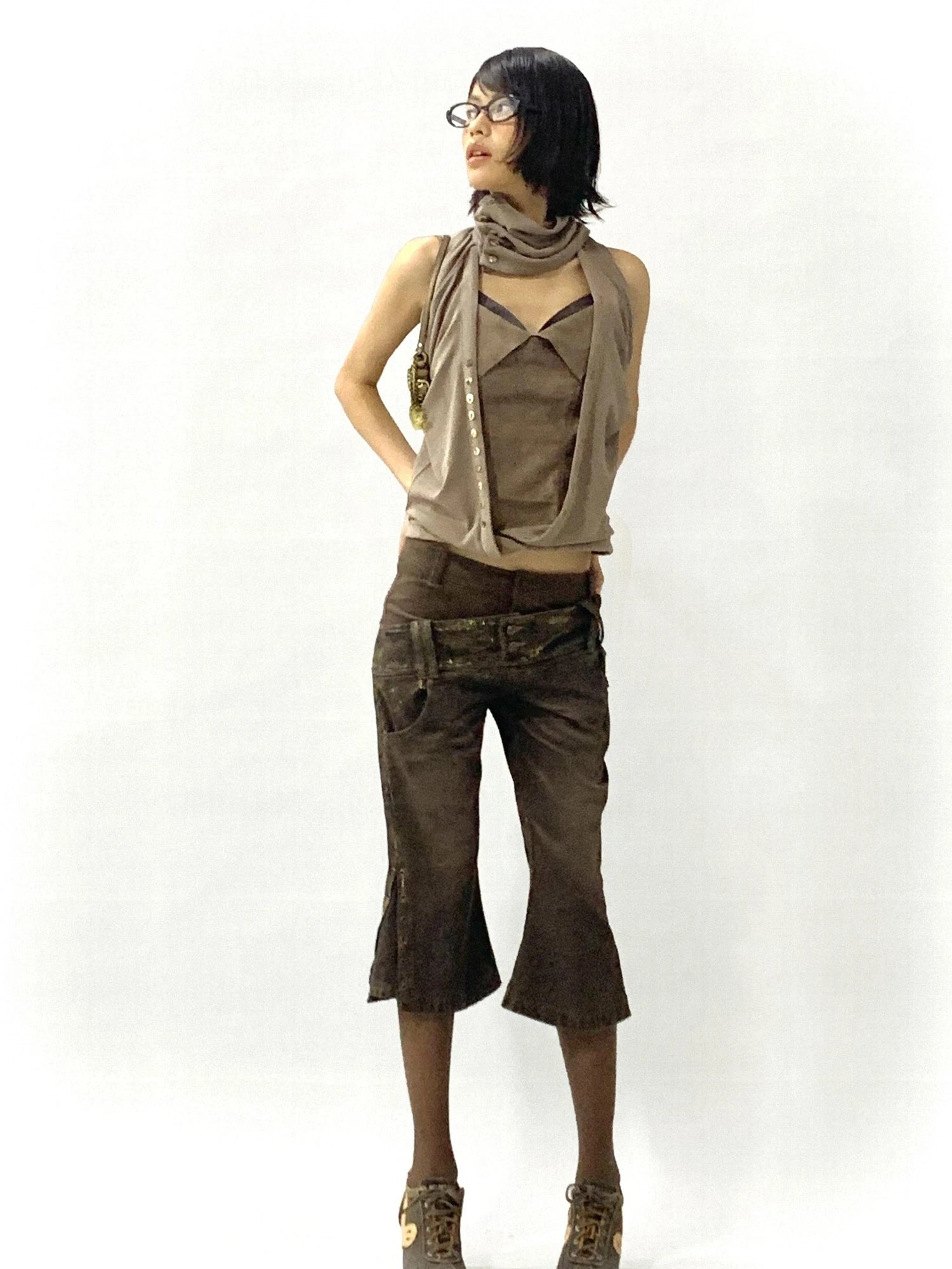 Faux Leather Knit Long Sleeve Top Stretch Slim Fit Multi-Way Wear