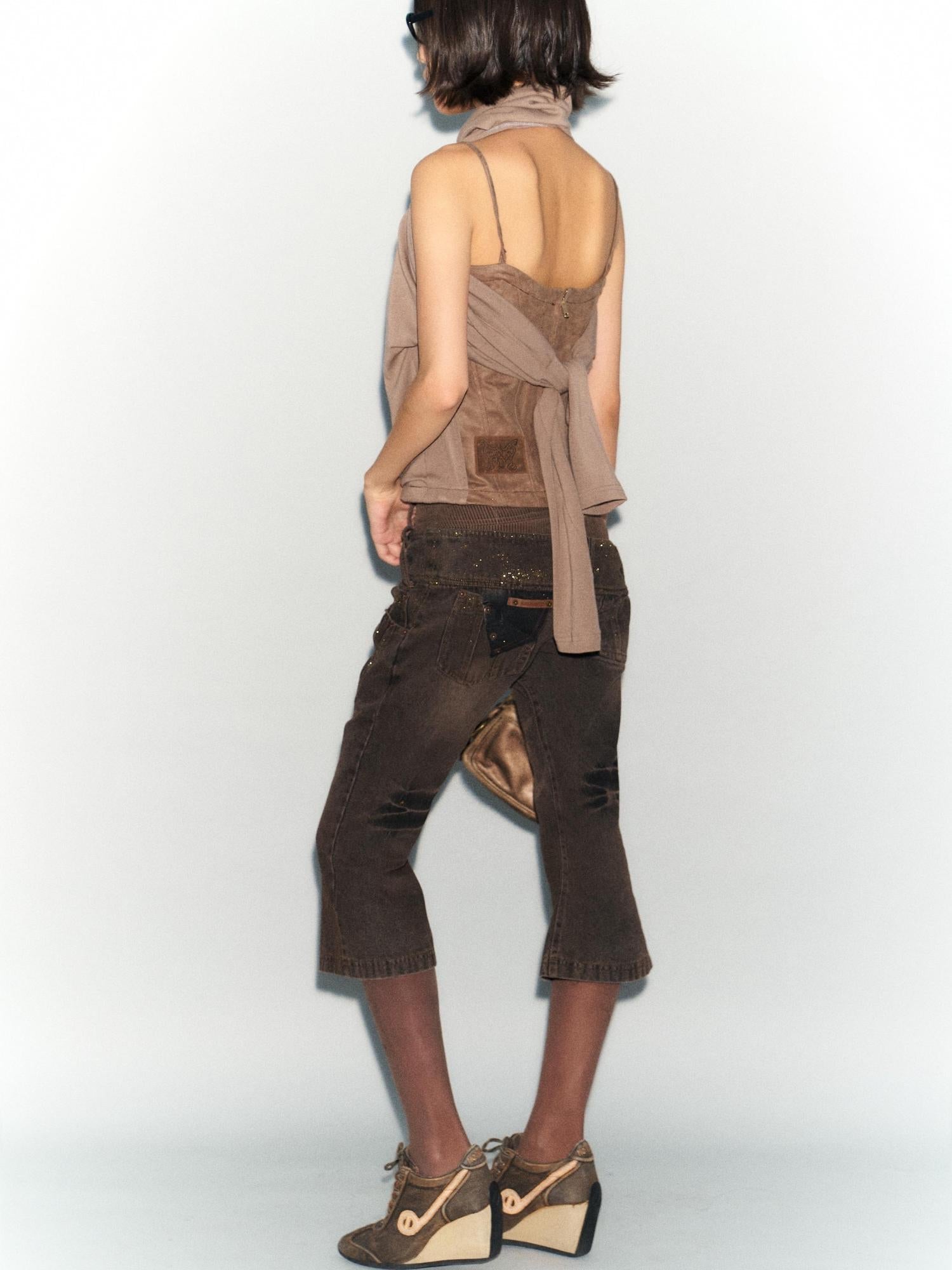 Flowers birds Market Faux Leather Knit Long Sleeve Top Stretch Slim Fit Multi-Way Wear