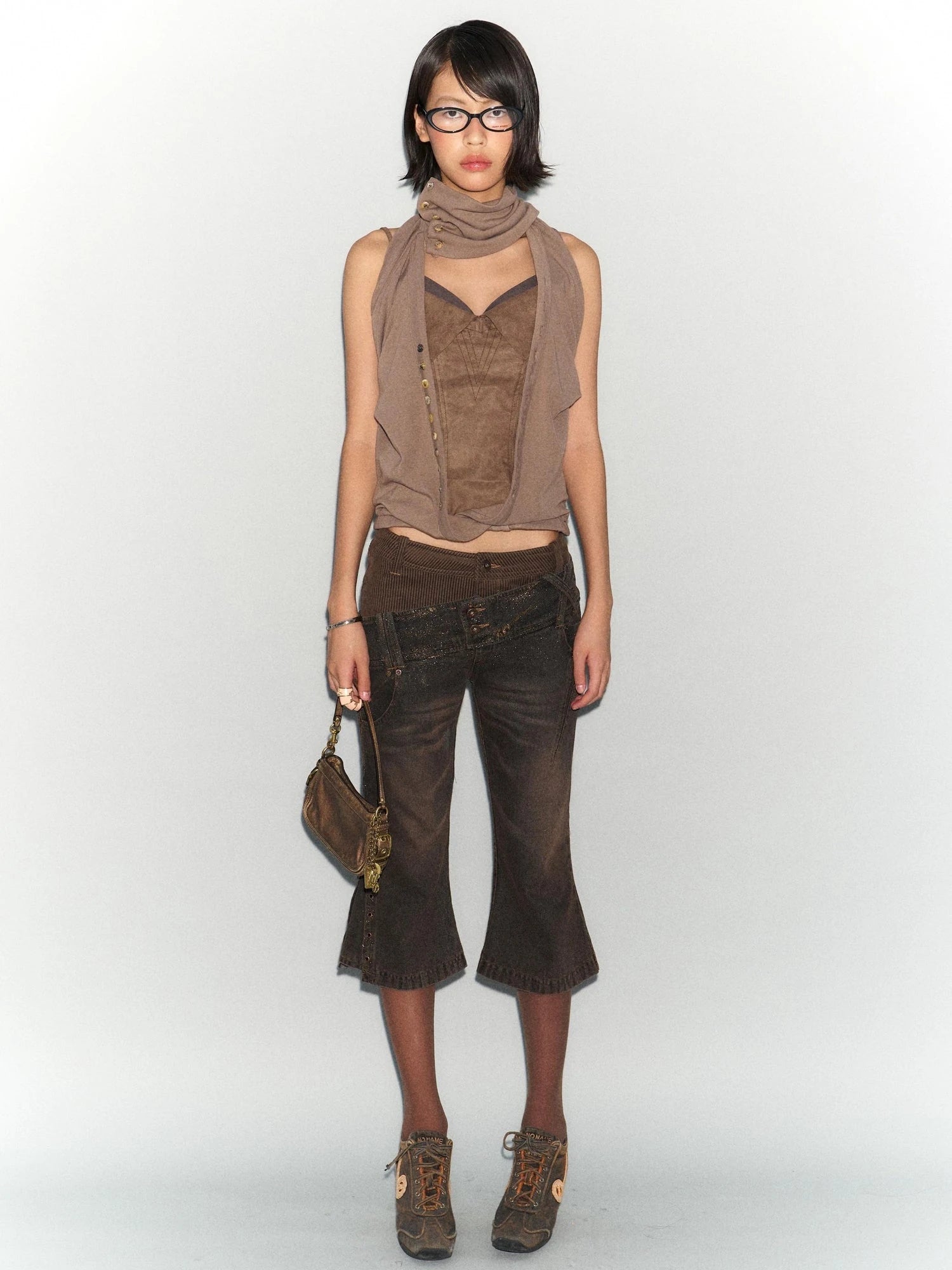 Faux Leather Knit Long Sleeve Top Stretch Slim Fit Multi-Way Wear