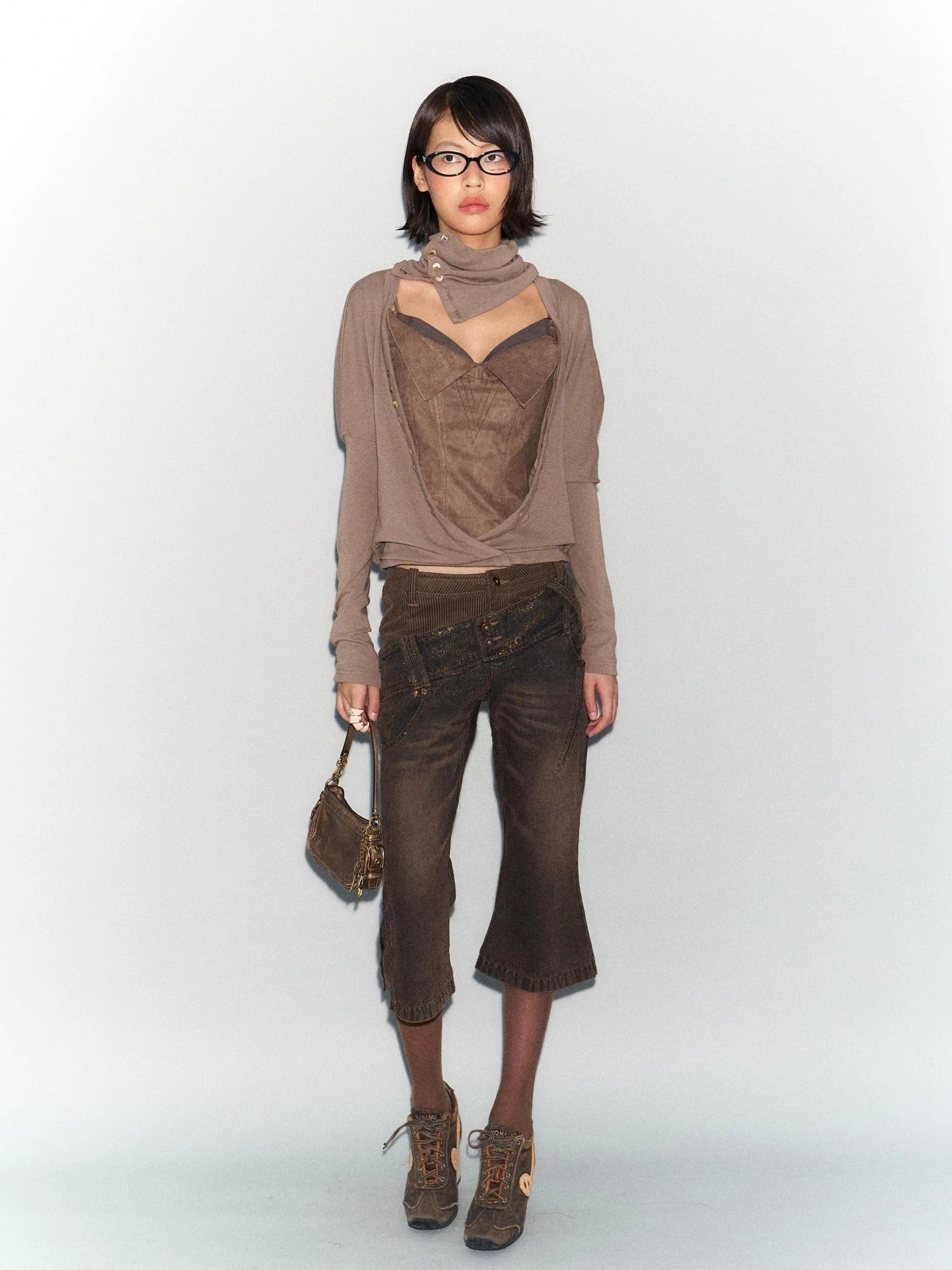 Faux Leather Knit Long Sleeve Top Stretch Slim Fit Multi-Way Wear