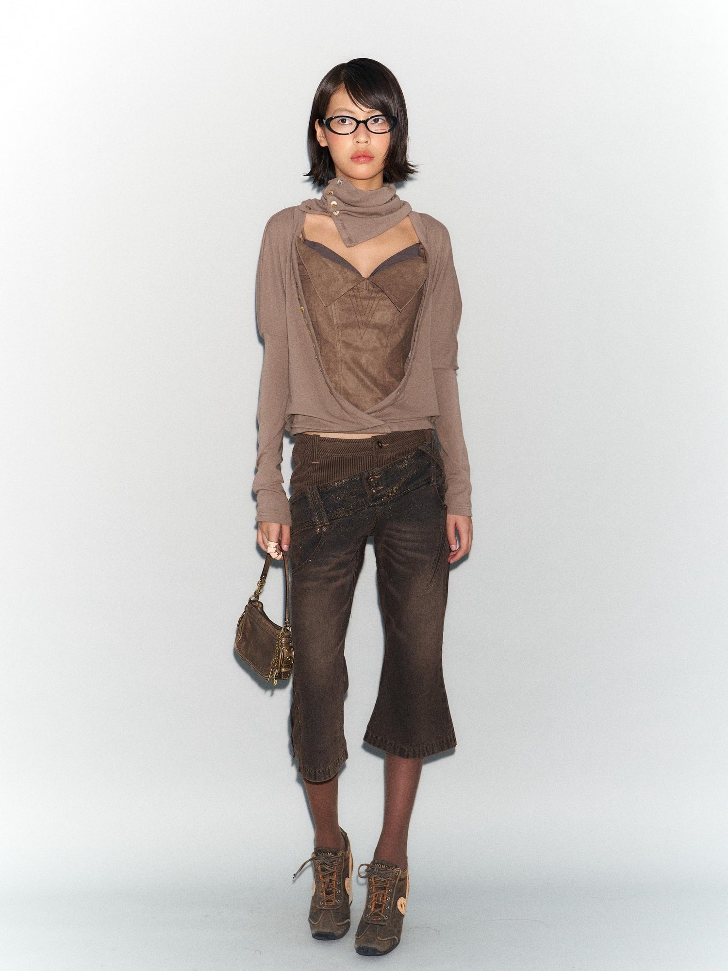 Flowers birds Market Faux Leather Knit Long Sleeve Top Stretch Slim Fit Multi-Way Wear