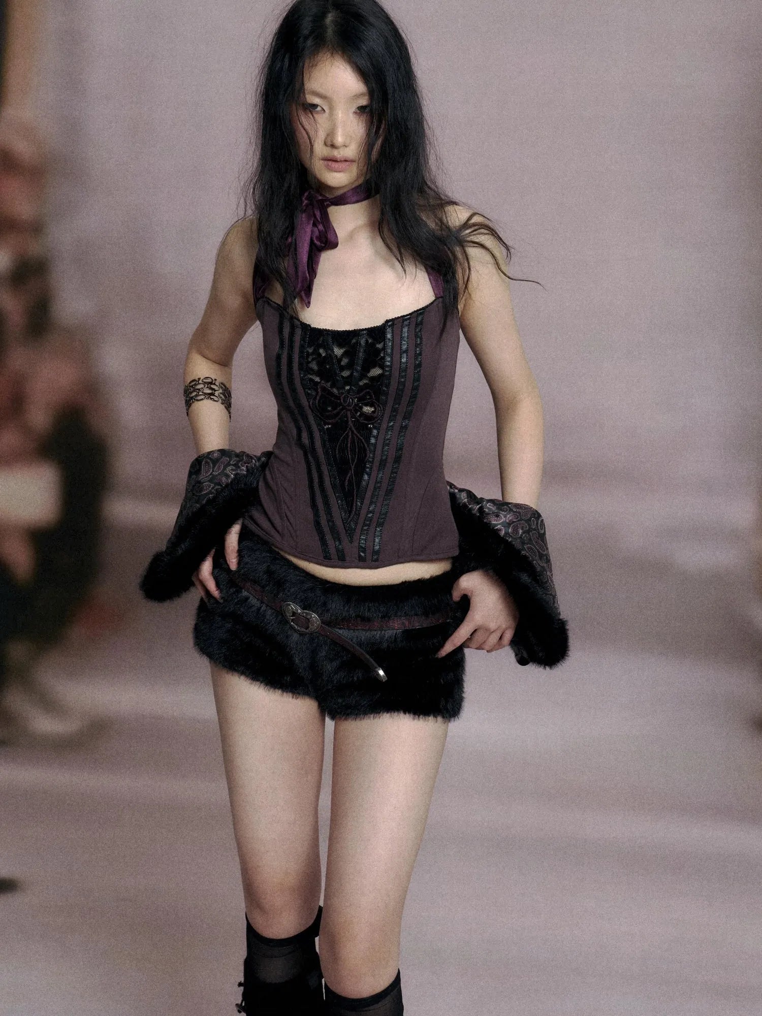 Fishbone Lace Trimmed Strap Bustier In Purple And Black