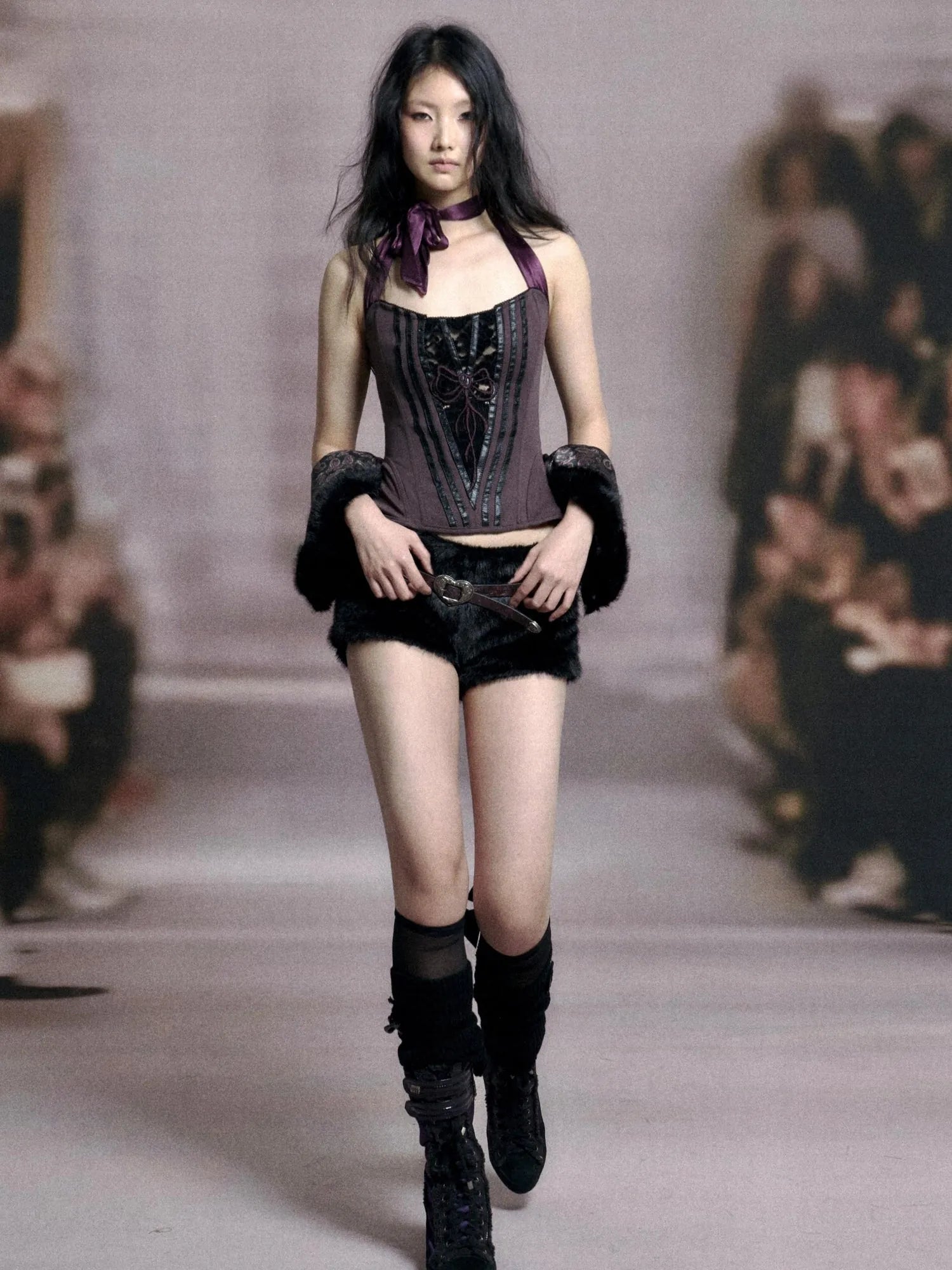 Fishbone Lace Trimmed Strap Bustier In Purple And Black