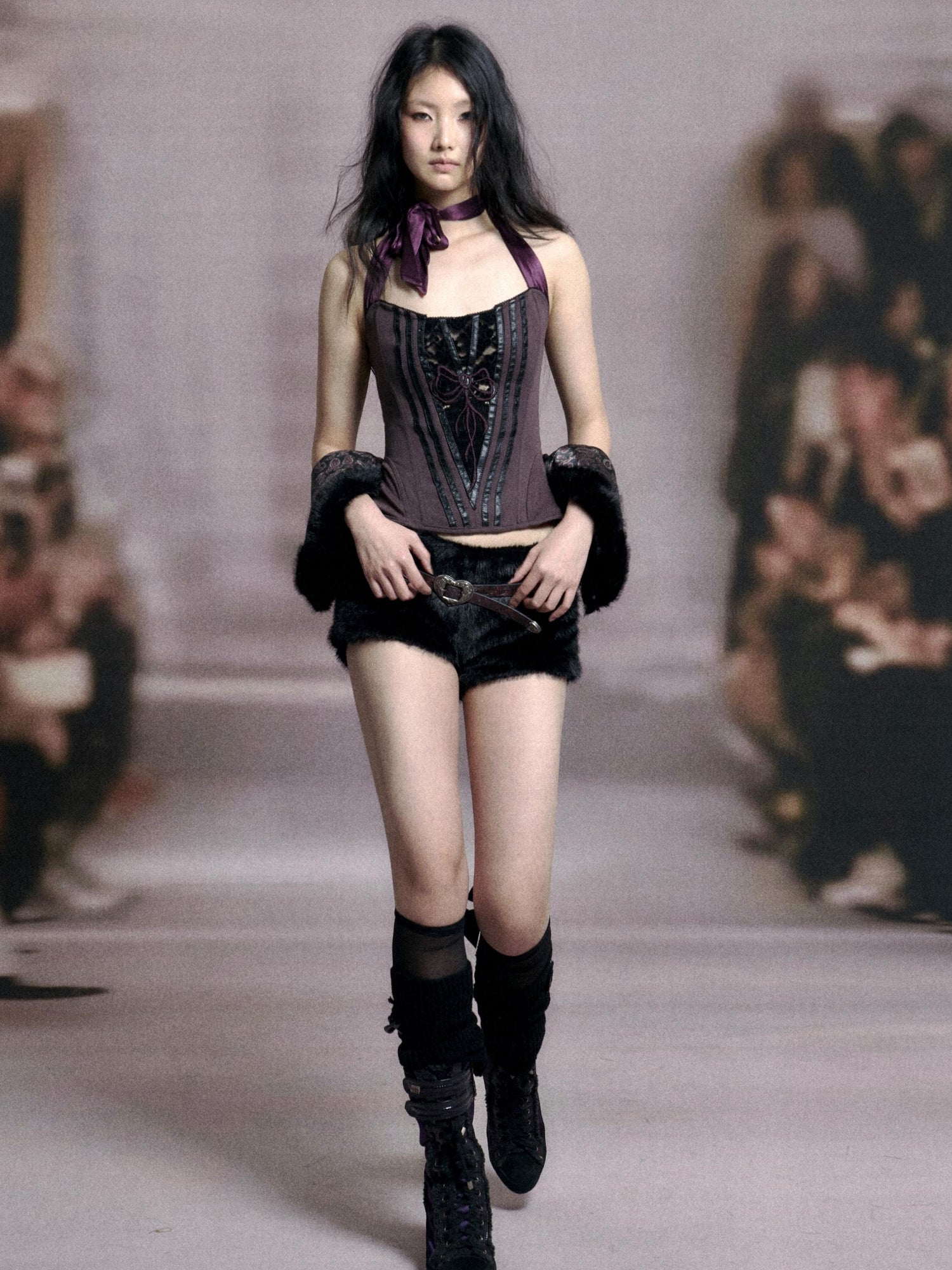 Flowers birds Market Fishbone Lace Trimmed Strap Bustier In Purple And Black