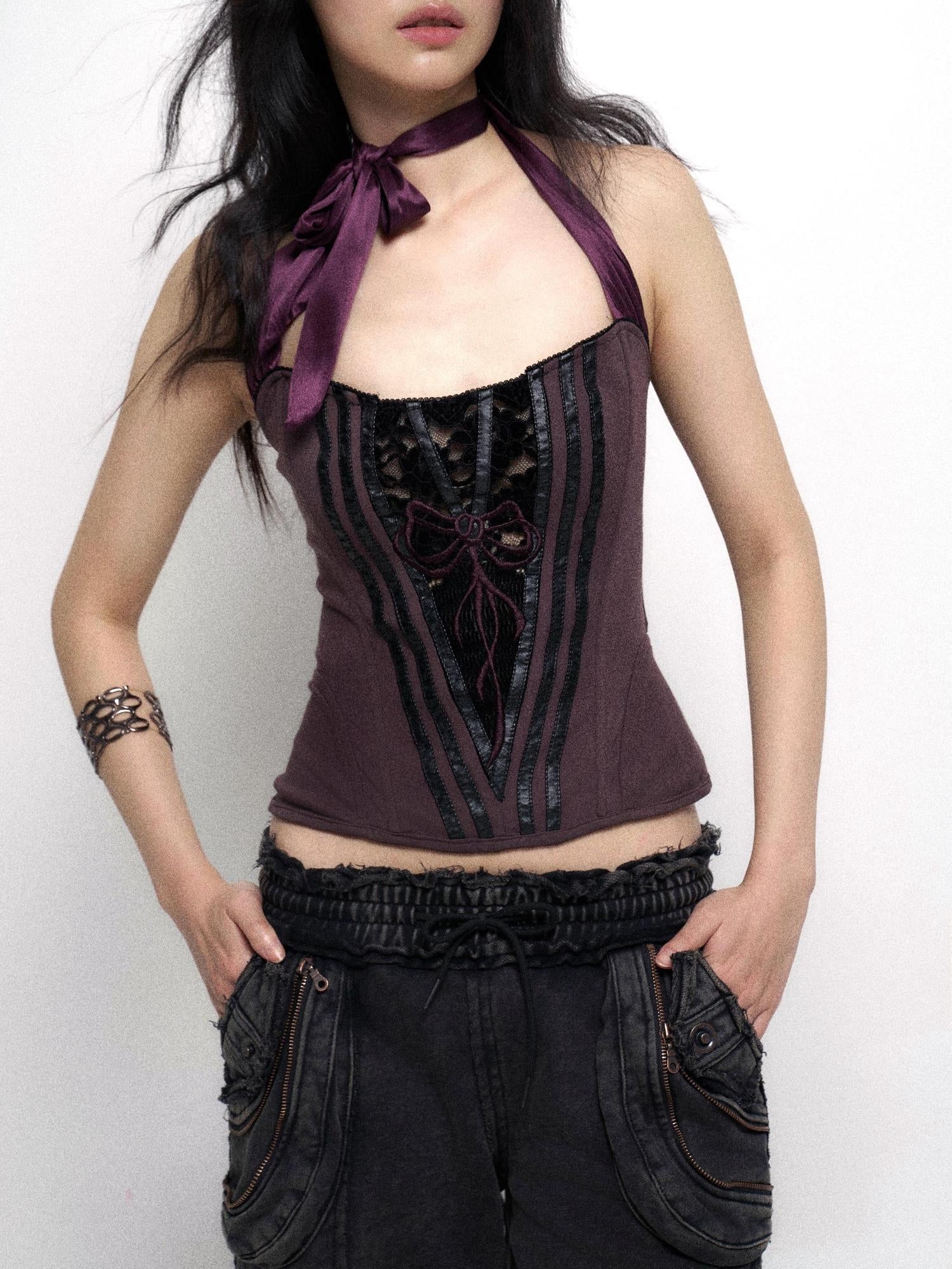 Flowers birds Market Fishbone Lace Trimmed Strap Bustier In Purple And Black