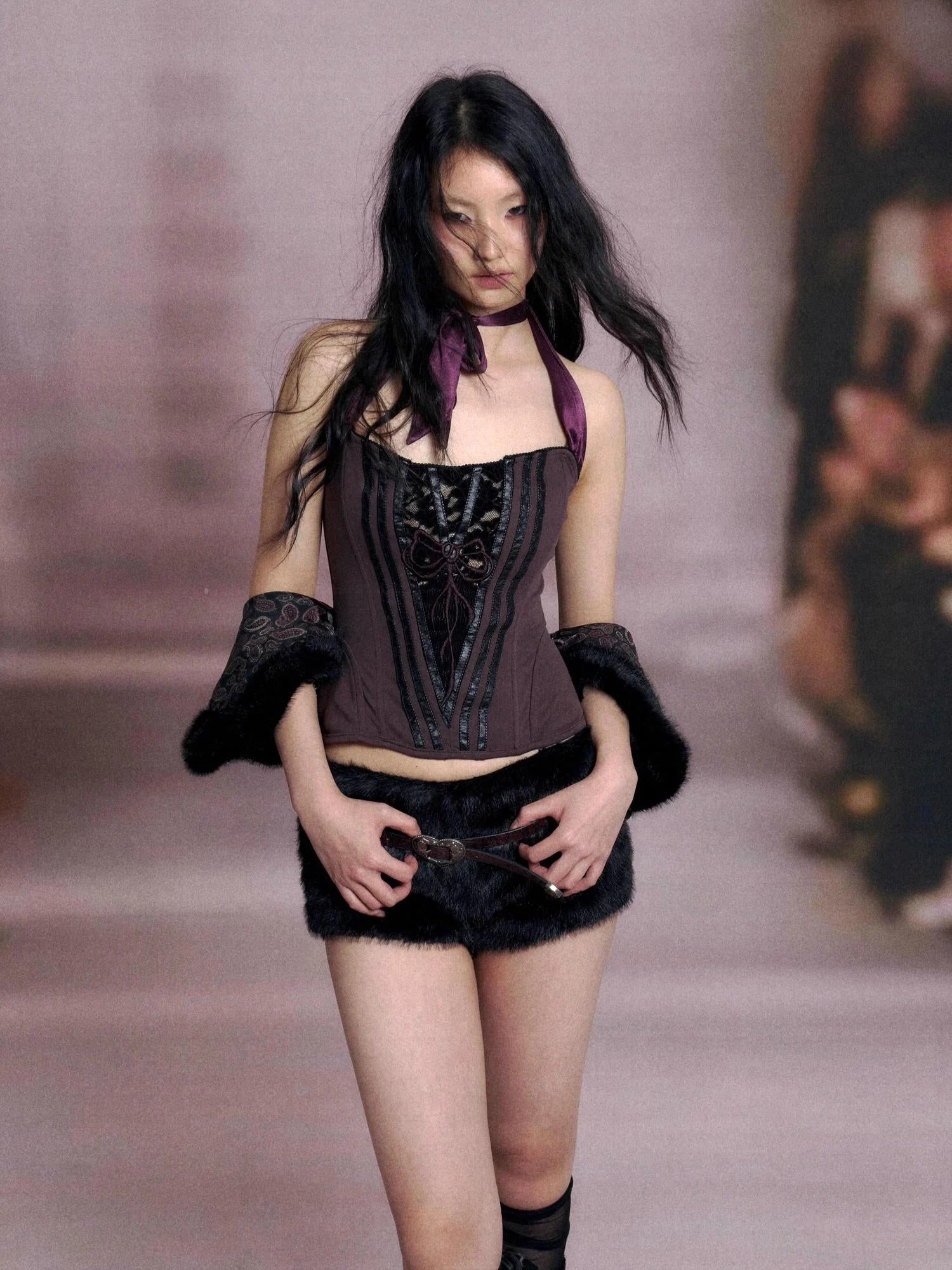 Fishbone Lace Trimmed Strap Bustier In Purple And Black