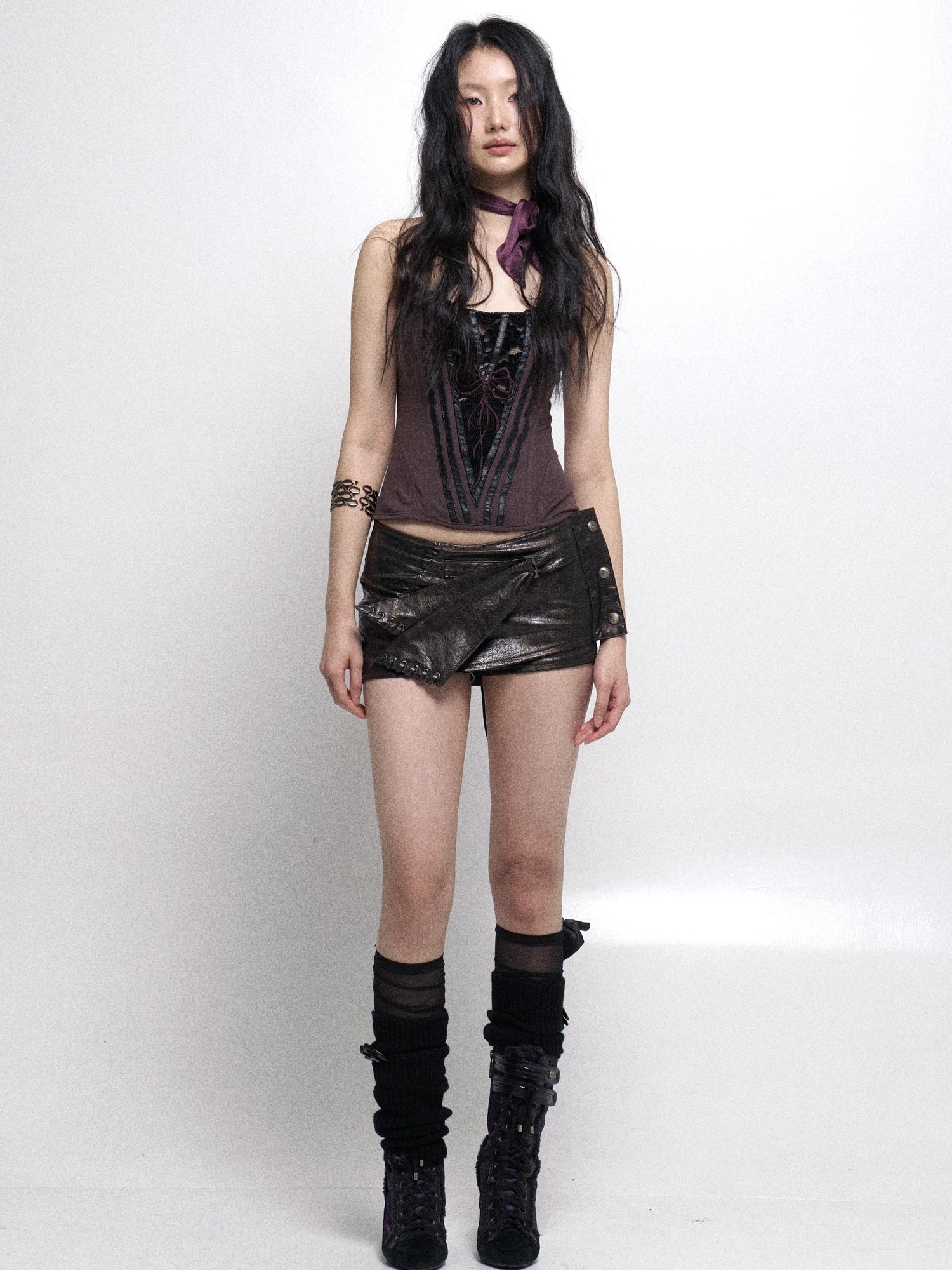 Flowers birds Market Fishbone Lace Trimmed Strap Bustier In Purple And Black
