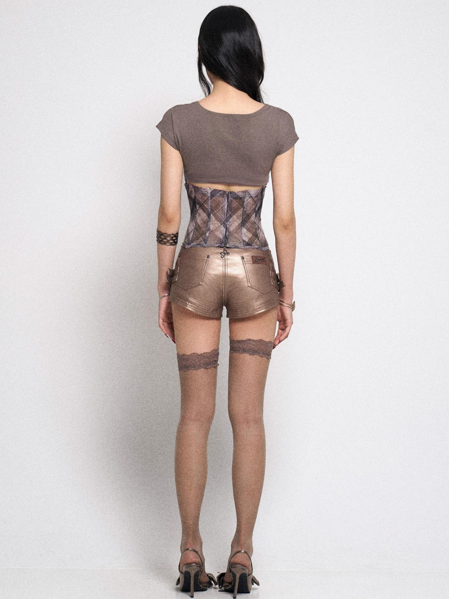 Flowers birds Market Fishbone Mesh Panel Ribbed Tee With Lattice Print And Bow Detail