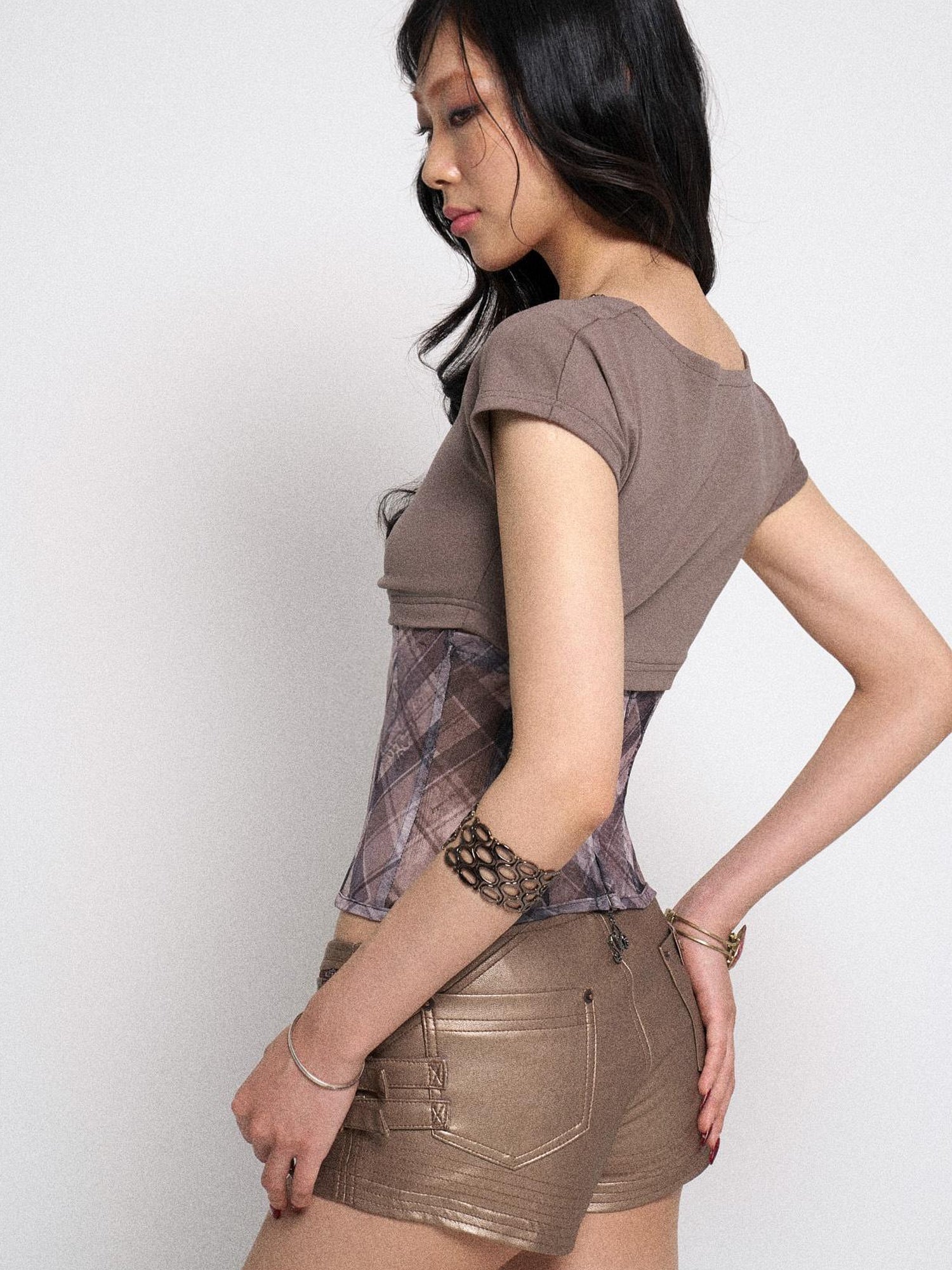 Flowers birds Market Fishbone Mesh Panel Ribbed Tee With Lattice Print And Bow Detail