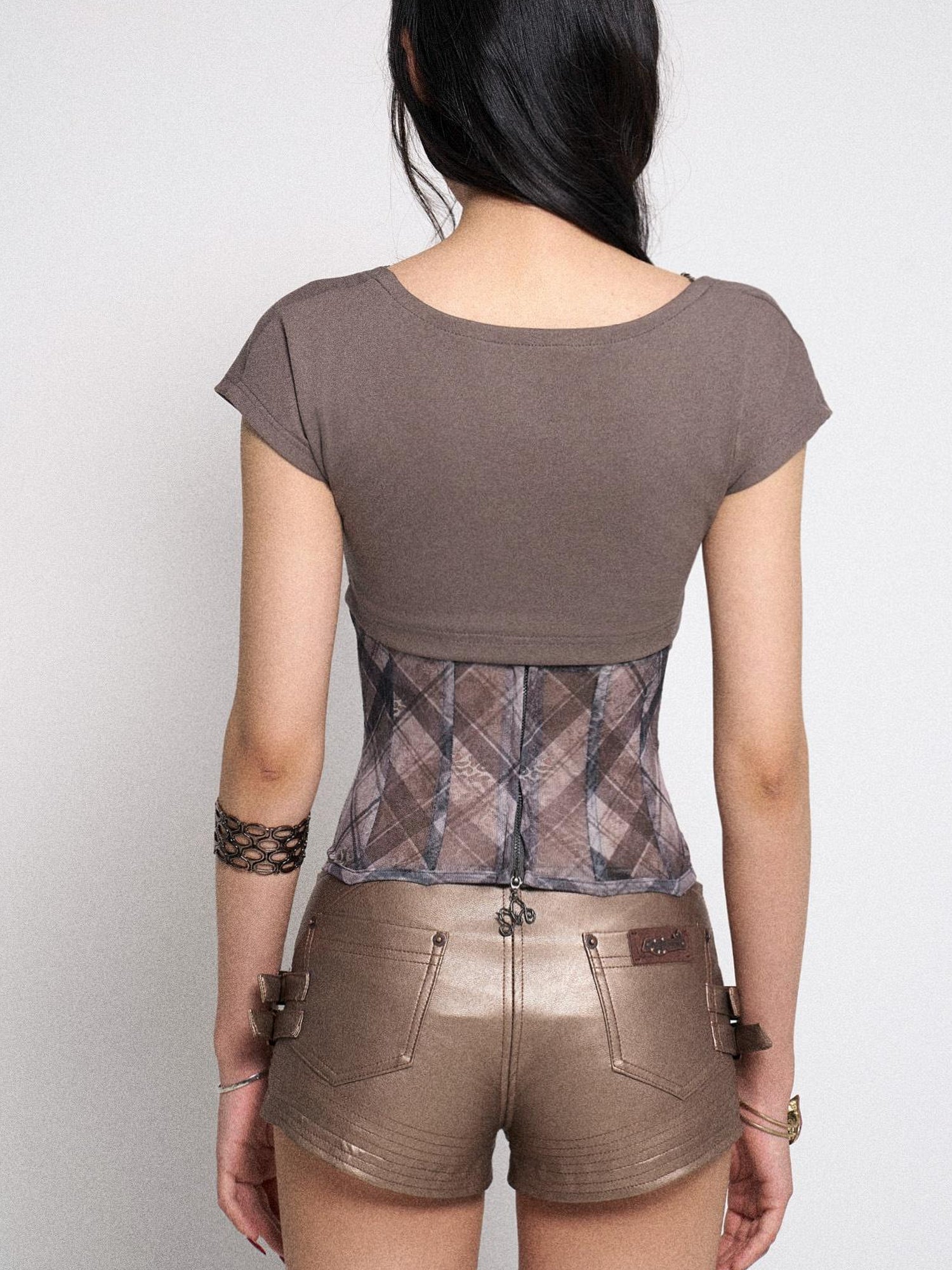 Flowers birds Market Fishbone Mesh Panel Ribbed Tee With Lattice Print And Bow Detail