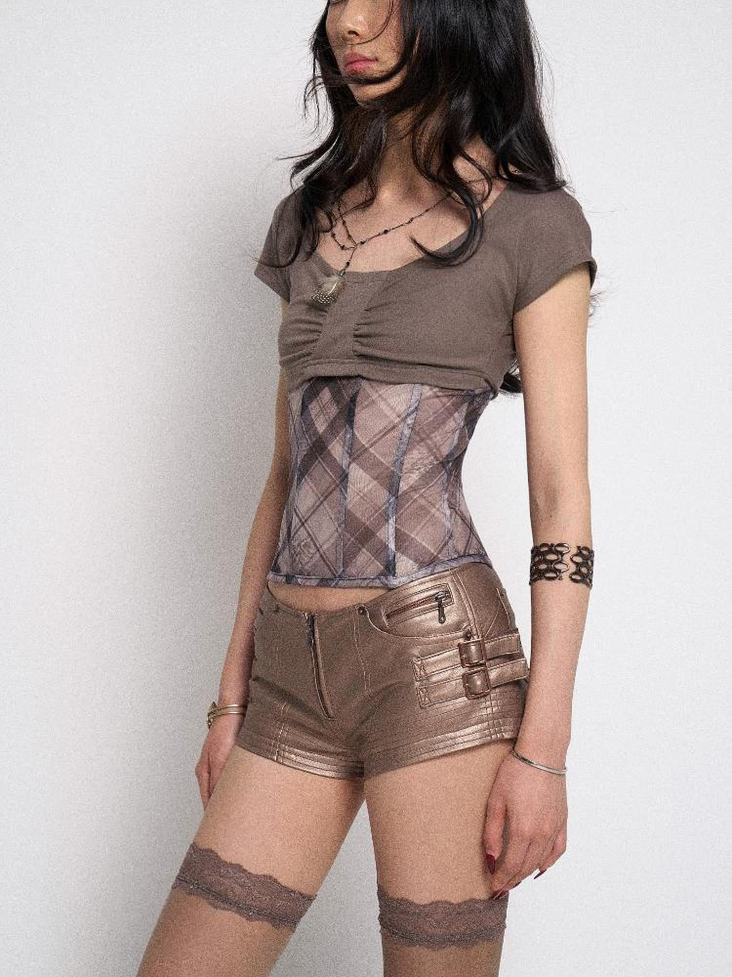 Flowers birds Market Fishbone Mesh Panel Ribbed Tee With Lattice Print And Bow Detail
