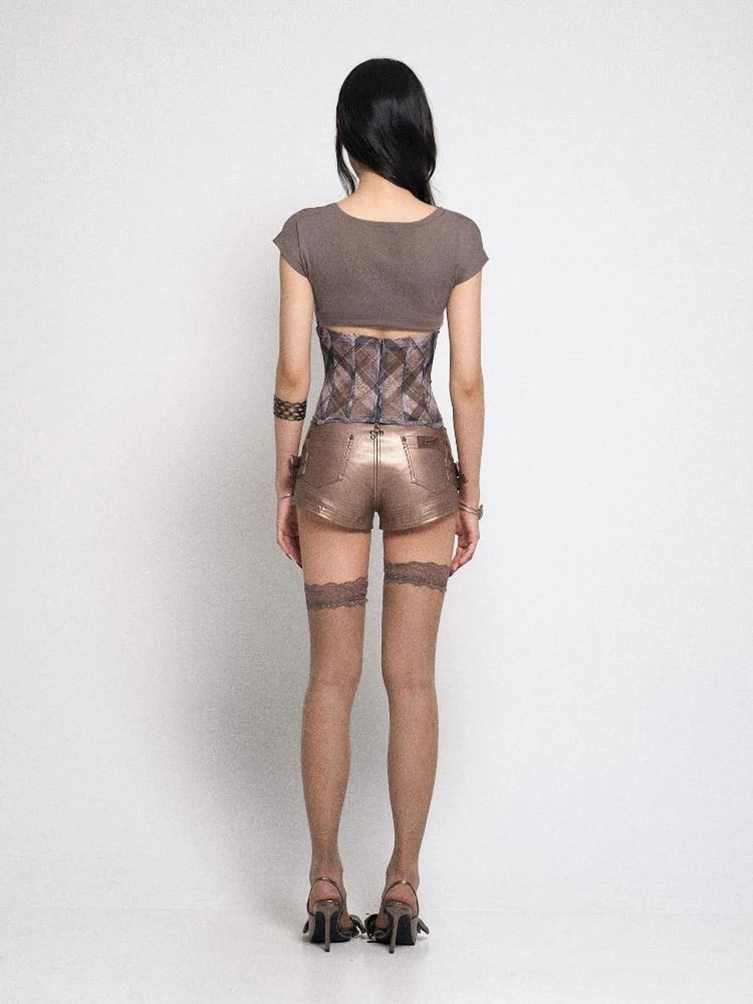 Ribbed Tee with Lattice Print, Bow Detail & Structured Panels