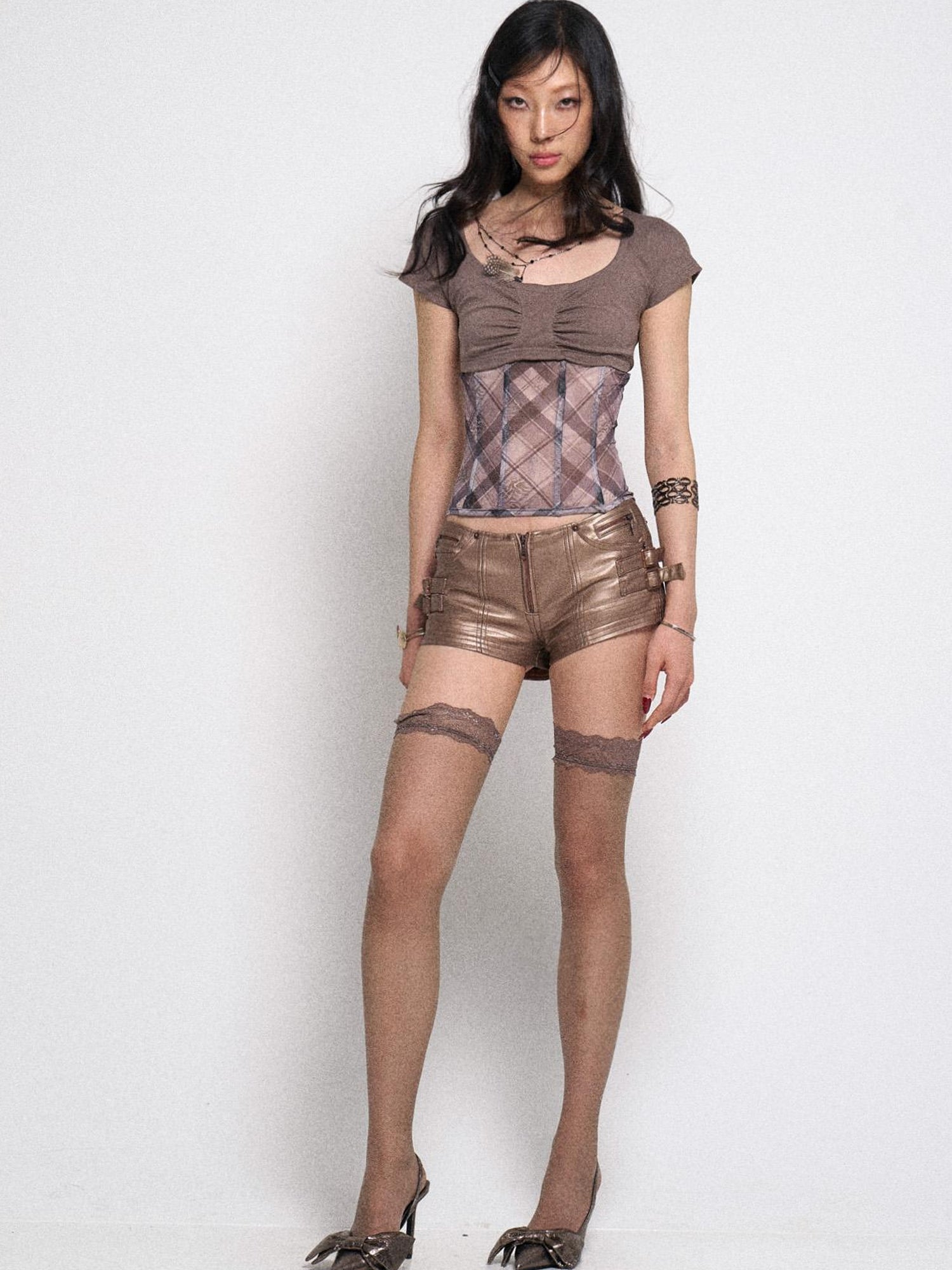 Flowers birds Market Fishbone Mesh Panel Ribbed Tee With Lattice Print And Bow Detail