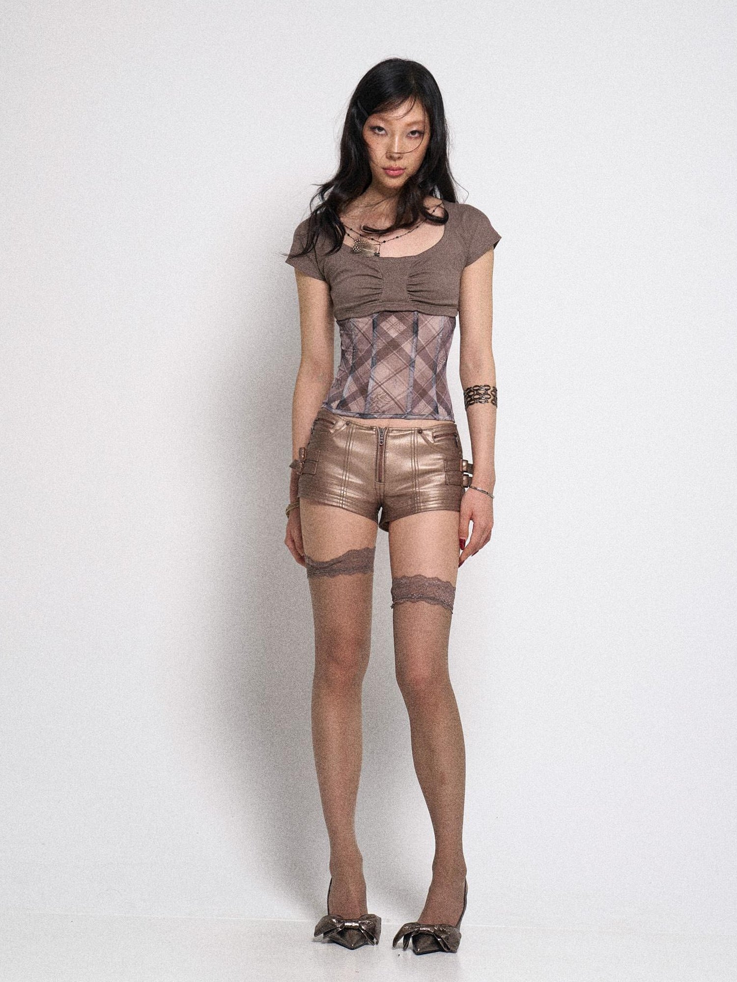 Flowers birds Market Fishbone Mesh Panel Ribbed Tee With Lattice Print And Bow Detail