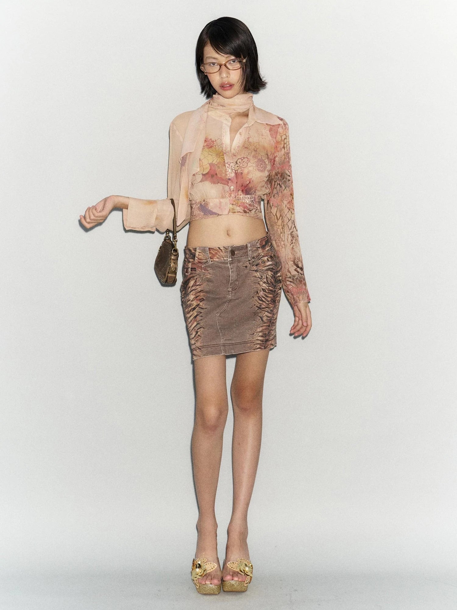 Denim Midi Skirt With Stretch And Leopard Print Wash