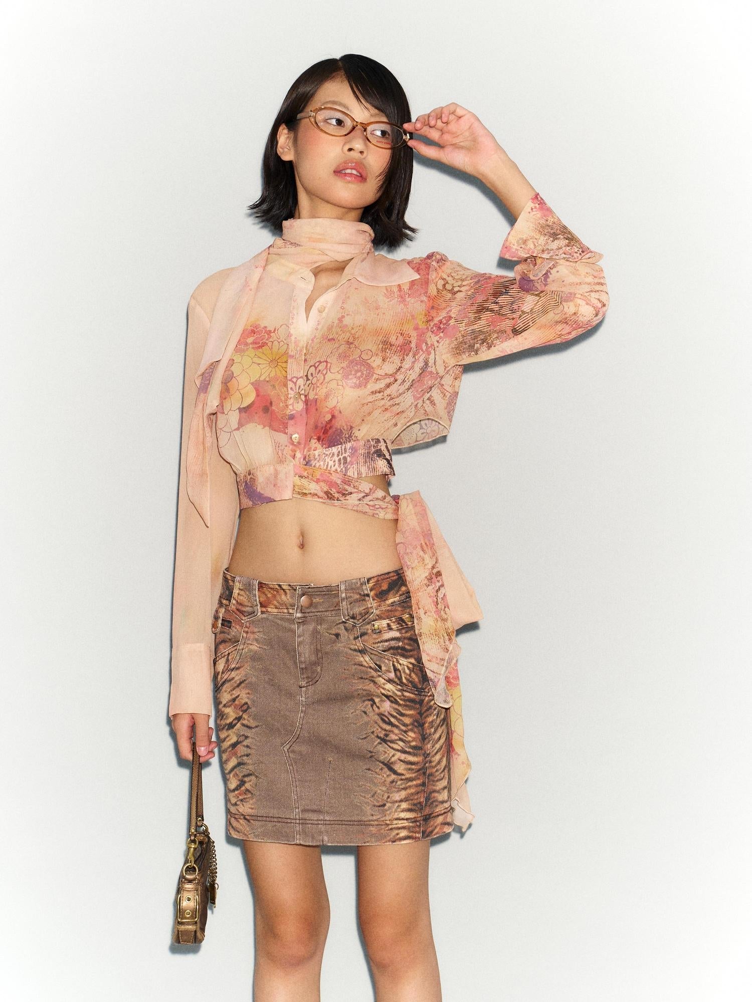Flowers birds Market Flared Denim Midi Skirt With Stretch And Leopard Print Wash