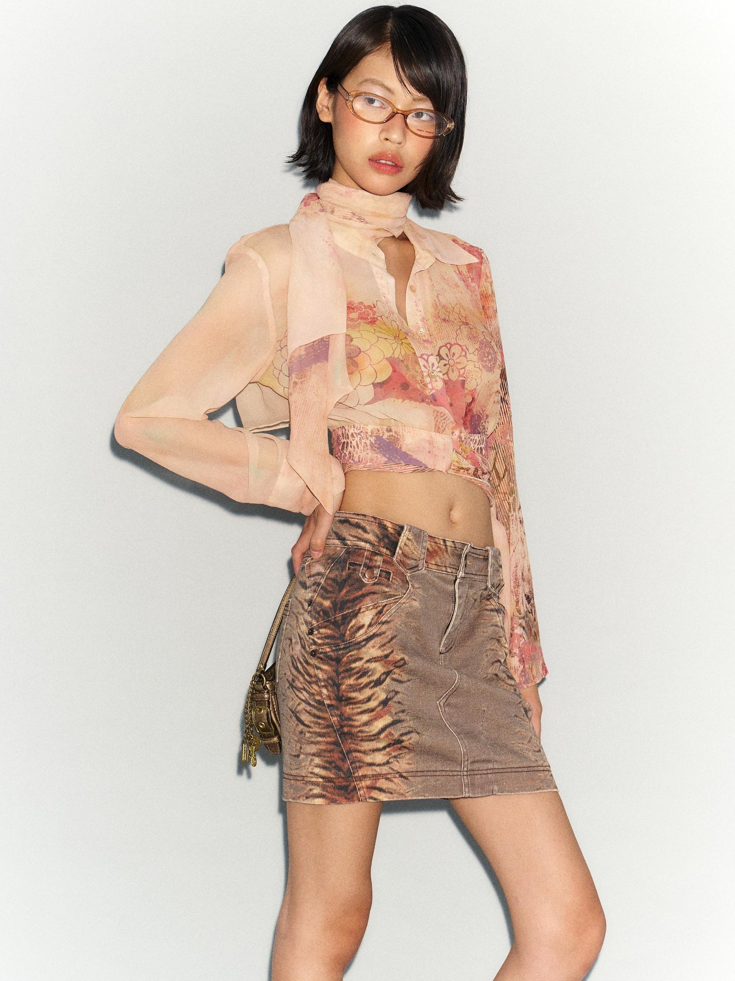 Flowers birds Market Flared Denim Midi Skirt With Stretch And Leopard Print Wash