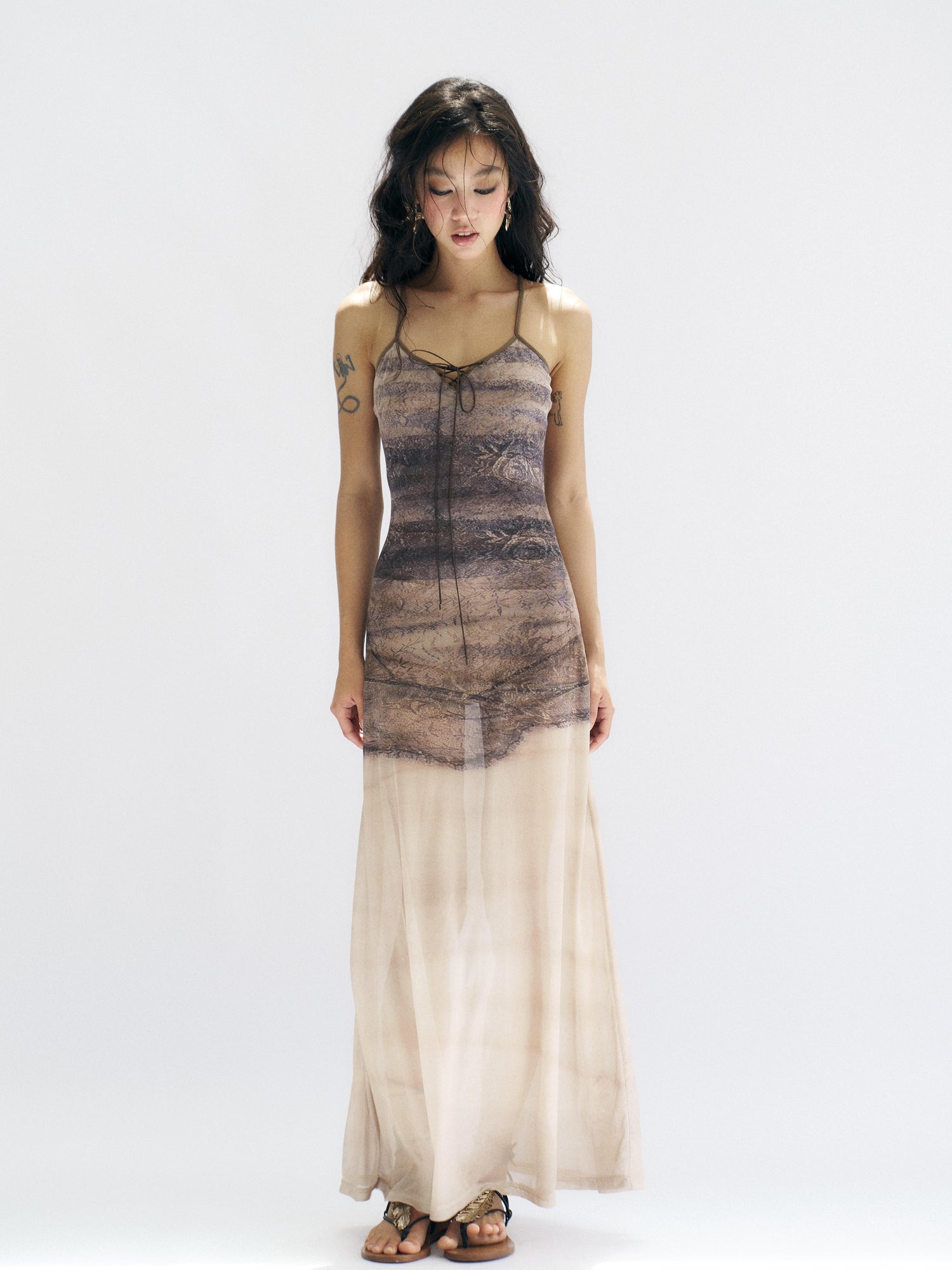 Flowers birds Market Floirds Print Sheath Mesh Dress With Slimming Silhouette
