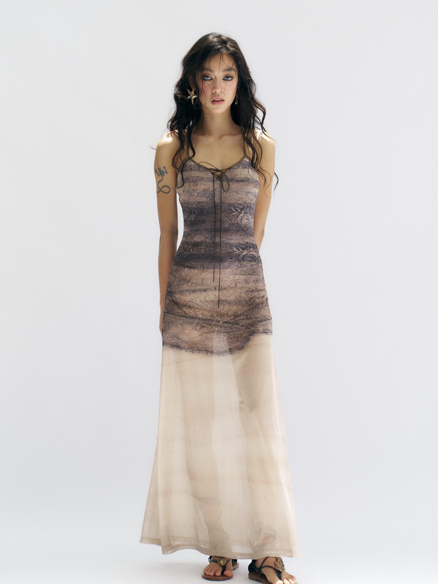 Flowers birds Market Floirds Print Sheath Mesh Dress With Slimming Silhouette