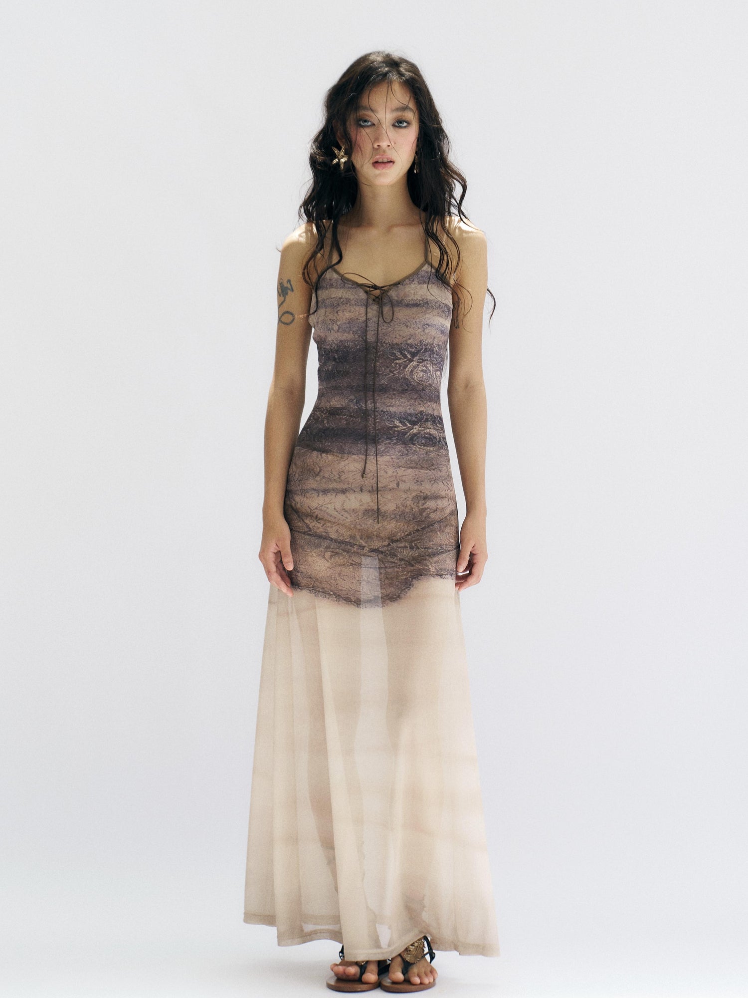 Flowers birds Market Floirds Print Sheath Mesh Dress With Slimming Silhouette