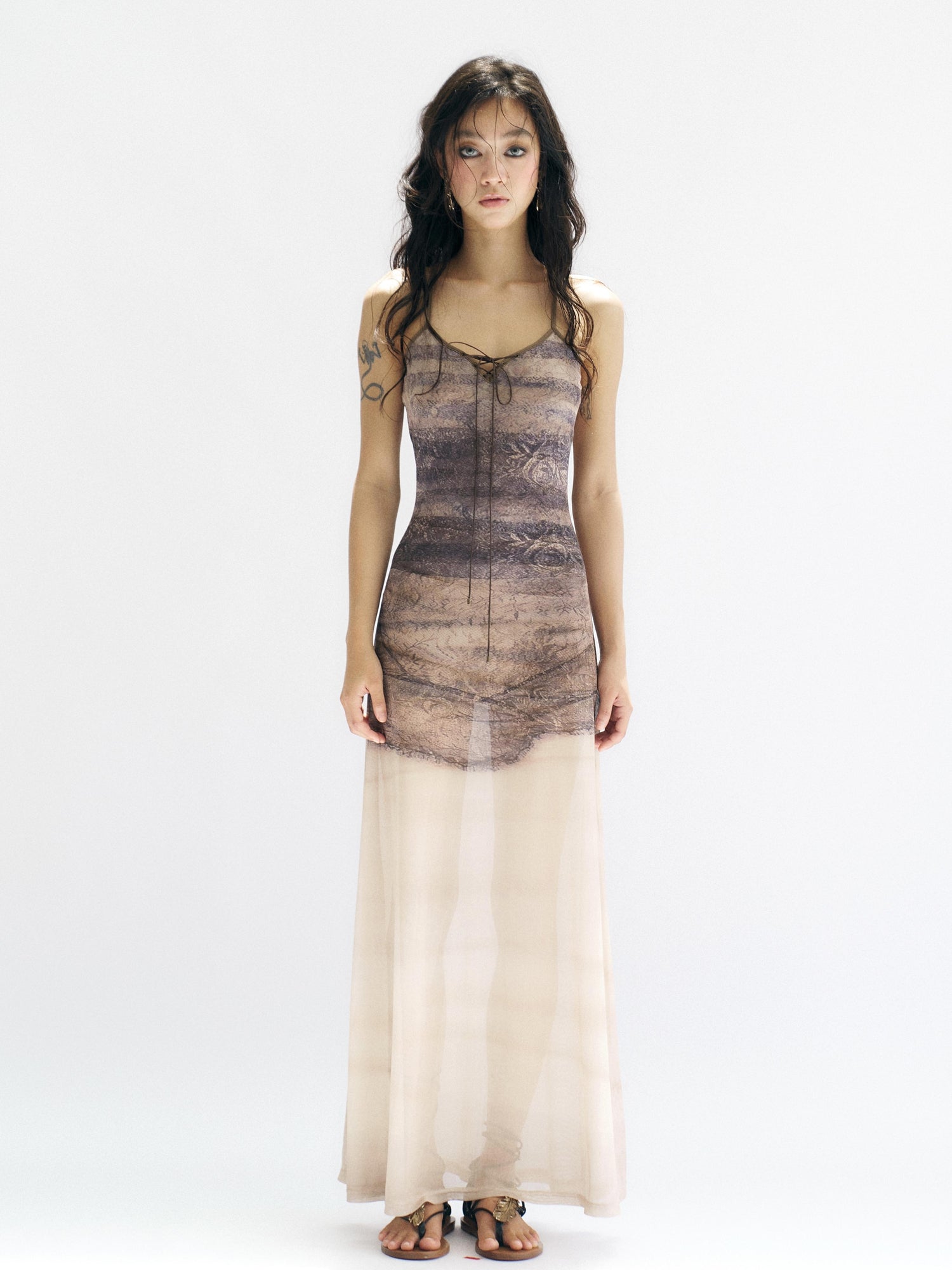 Flowers birds Market Floirds Print Sheath Mesh Dress With Slimming Silhouette