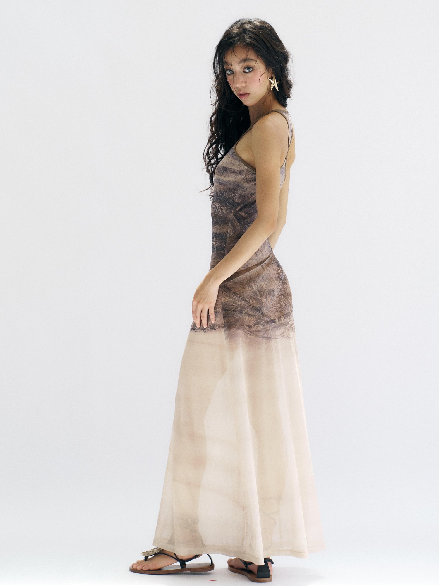 Flowers birds Market Floirds Print Sheath Mesh Dress With Slimming Silhouette