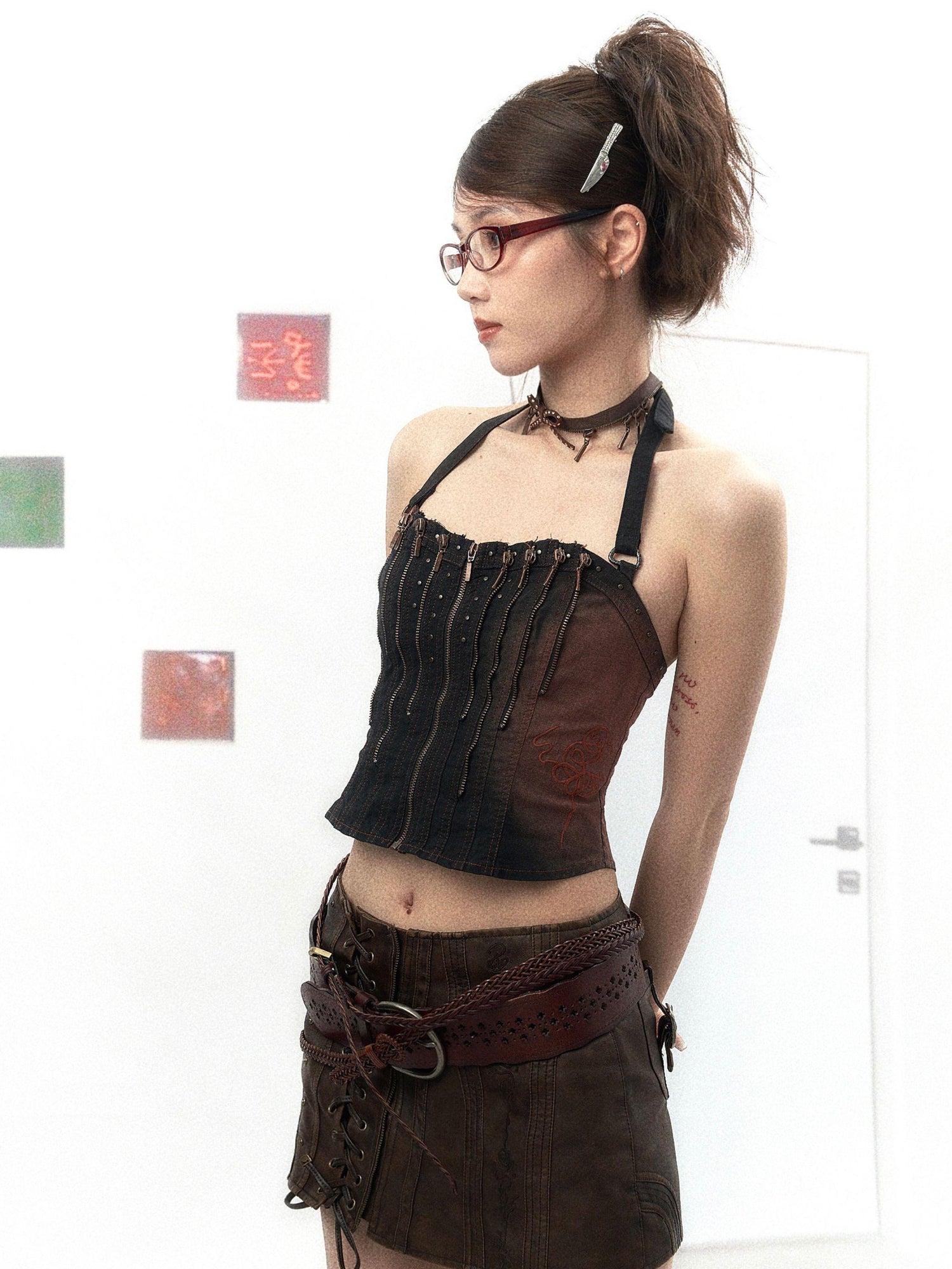 Flowers birds Market Floral Bird Embroidery Vintage Denim Corset Top