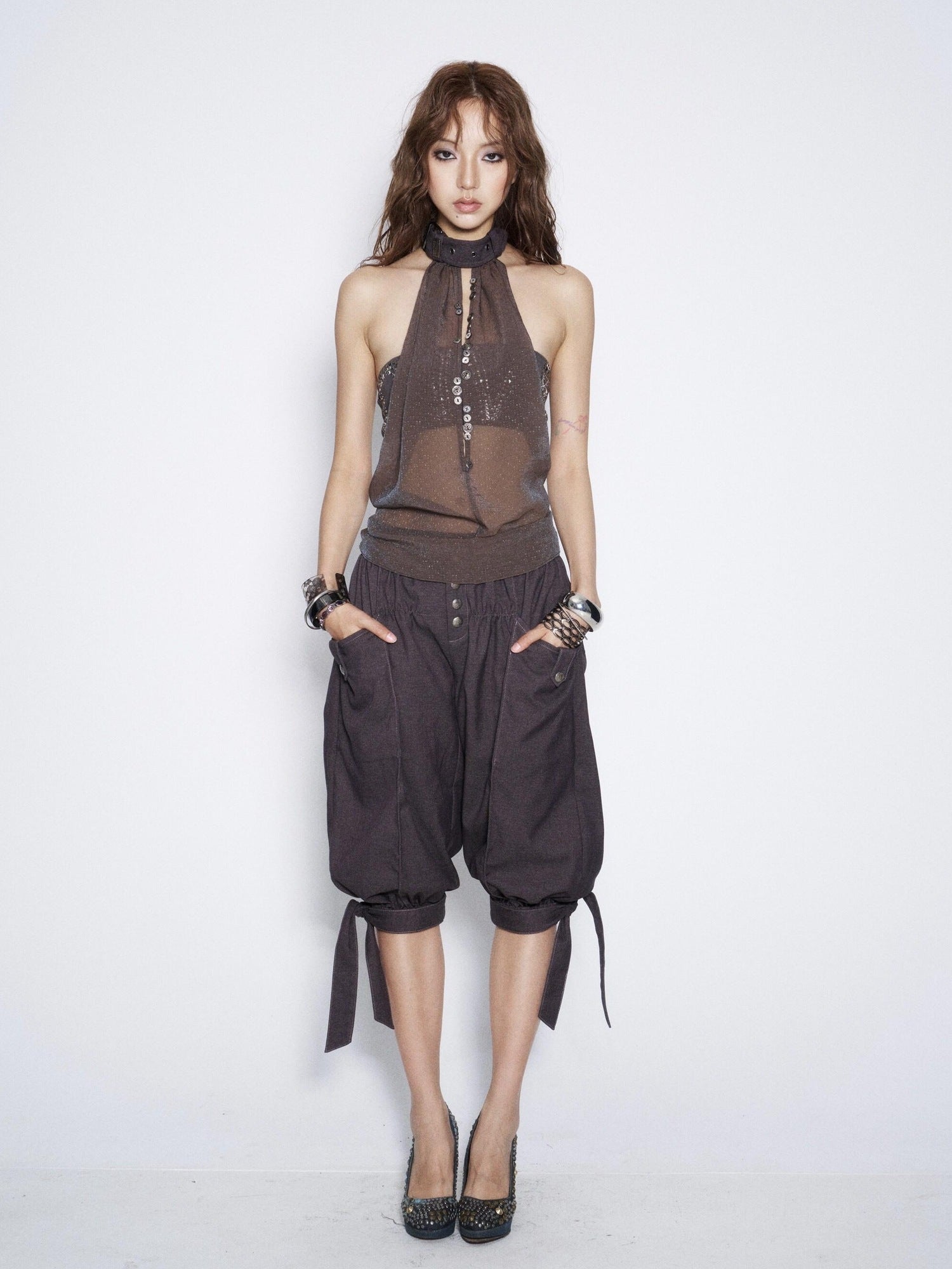 Flowers_birds_Market Floral Bird Mesh Ruched Square Neck Halter Tie Front Womens Printed Tank Tops