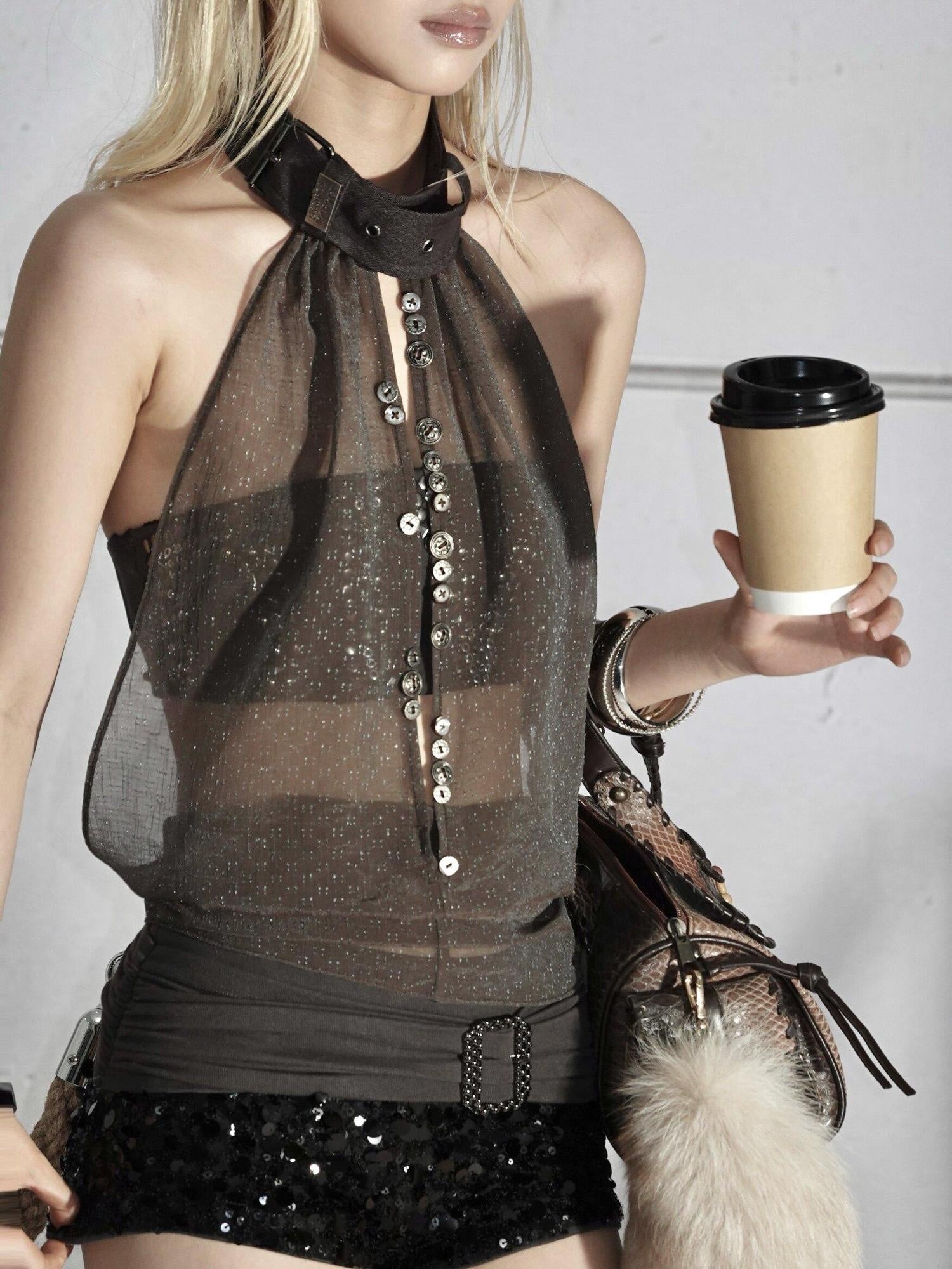 Flowers_birds_Market Floral Bird Mesh Ruched Square Neck Halter Tie Front Womens Printed Tank Tops