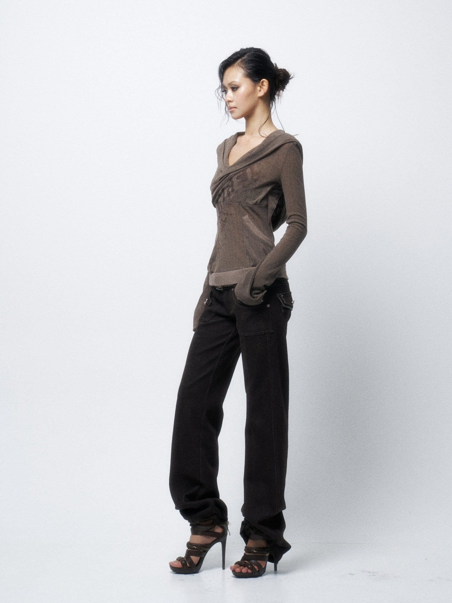 Flowers birds Market Floral Print Slim Fit V-neck Pullover Women Pink Brown Long Sleeve T-Shirts