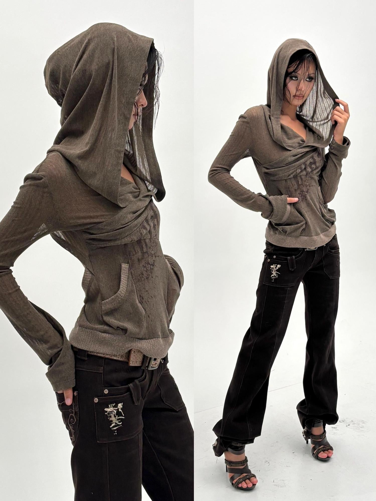 Flowers birds Market Floral Print Slim Fit V-neck Pullover Women Pink Brown Long Sleeve T-Shirts