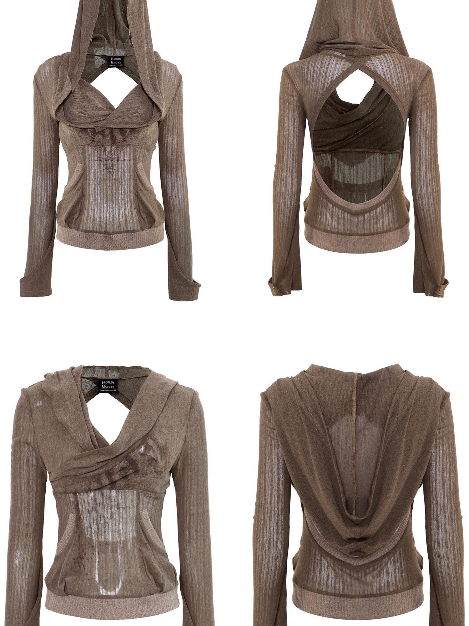 Flowers birds Market Floral Print Slim Fit V-neck Pullover Women Pink Brown Long Sleeve T-Shirts