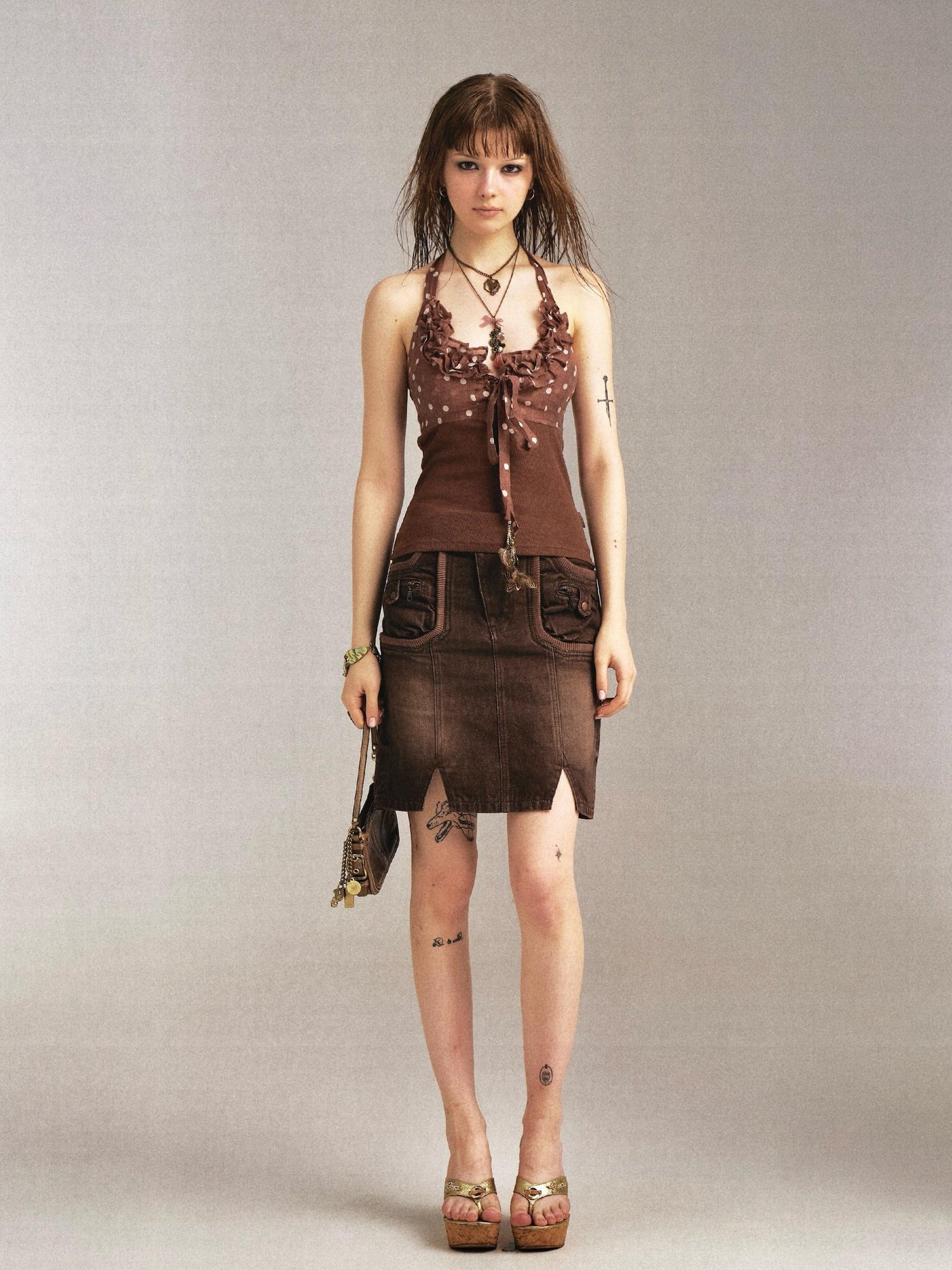 Flowers birds Market Flower Bird Print Denim Paneled Denim Skirt