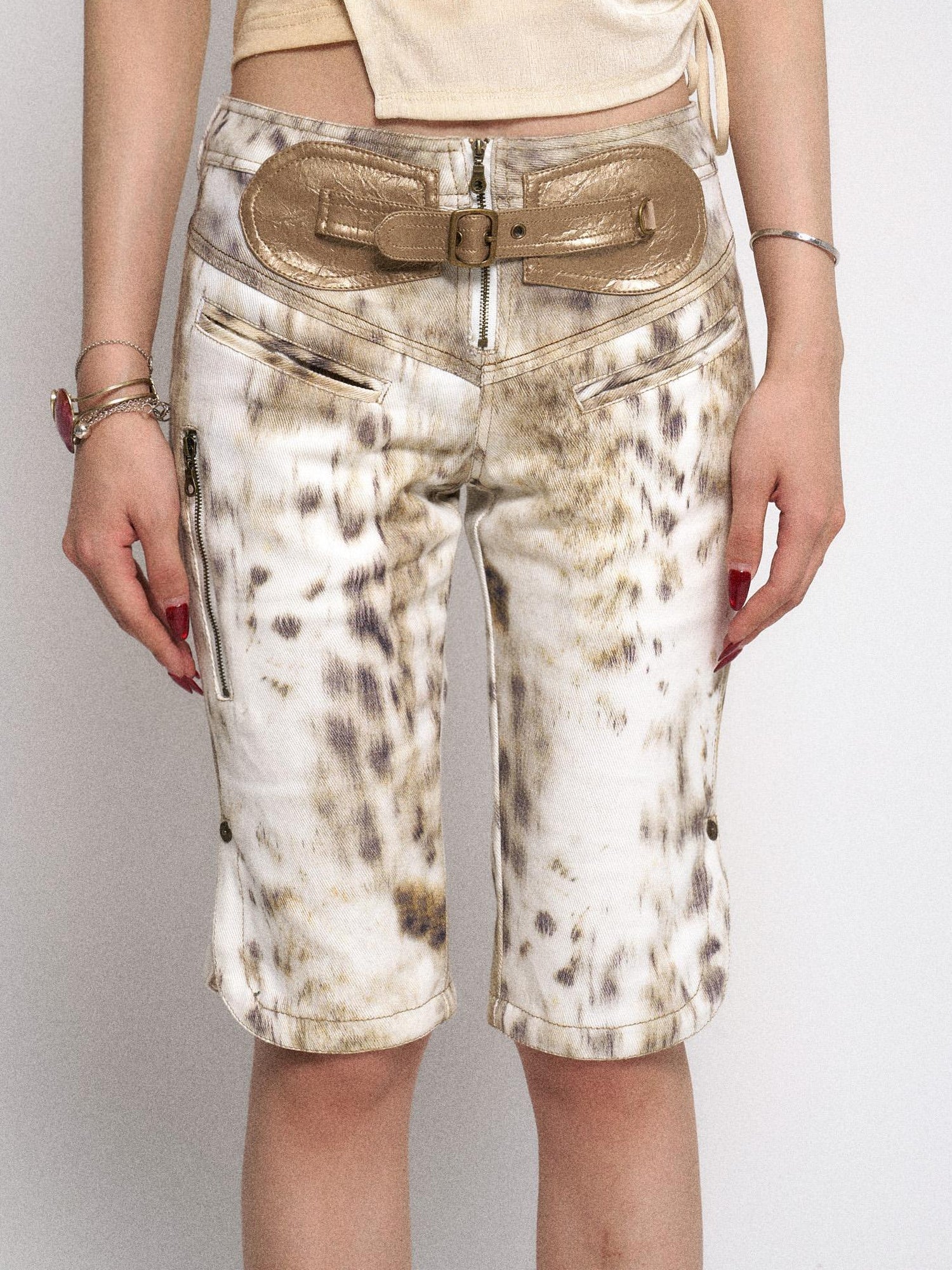 Flowers birds Market Gradient Leopard Print Denim PU Belted Flare Shorts