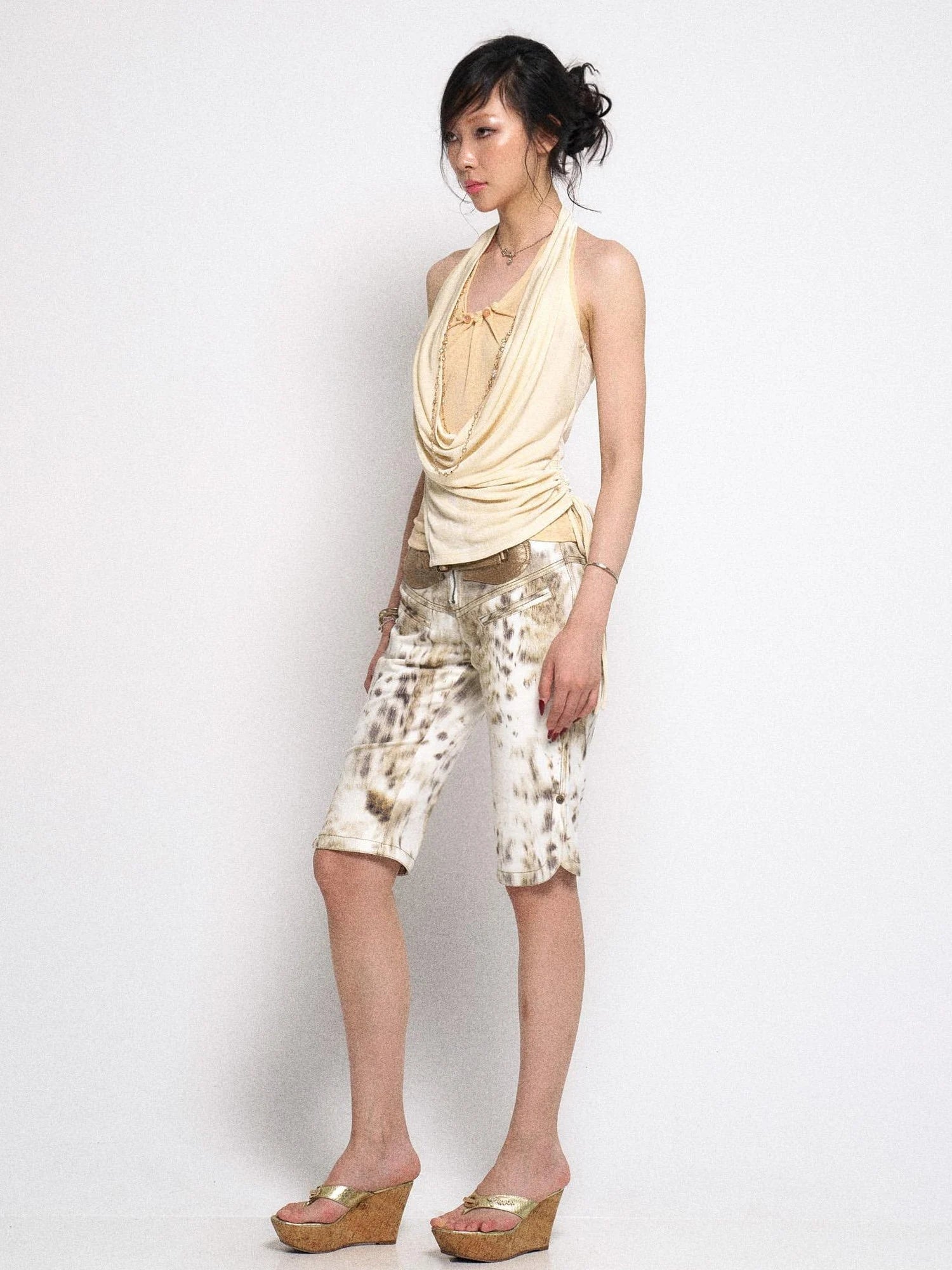 Gradient Leopard Print Denim PU Belted Flare Shorts