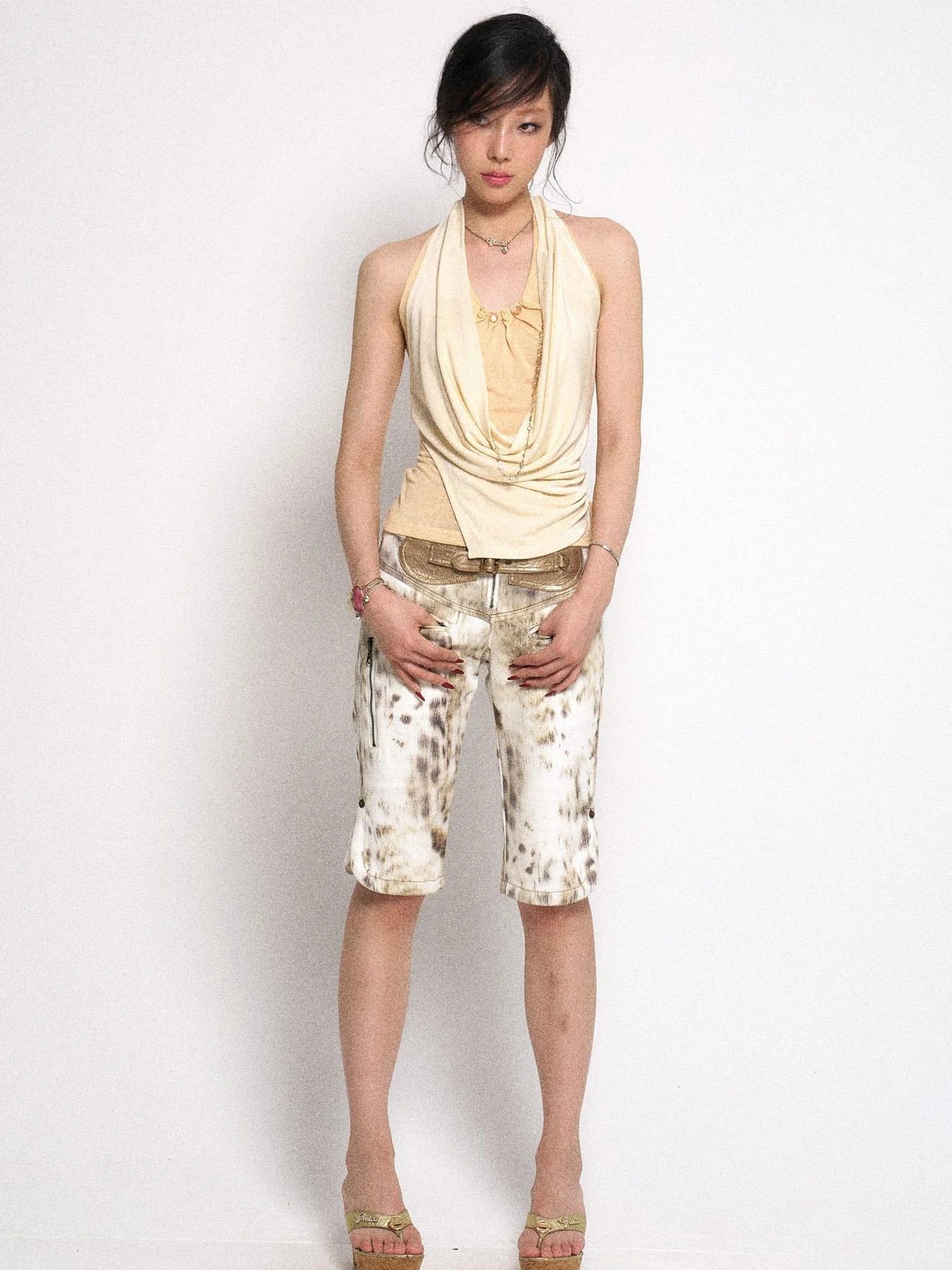 Gradient Leopard Print Denim PU Belted Flare Shorts