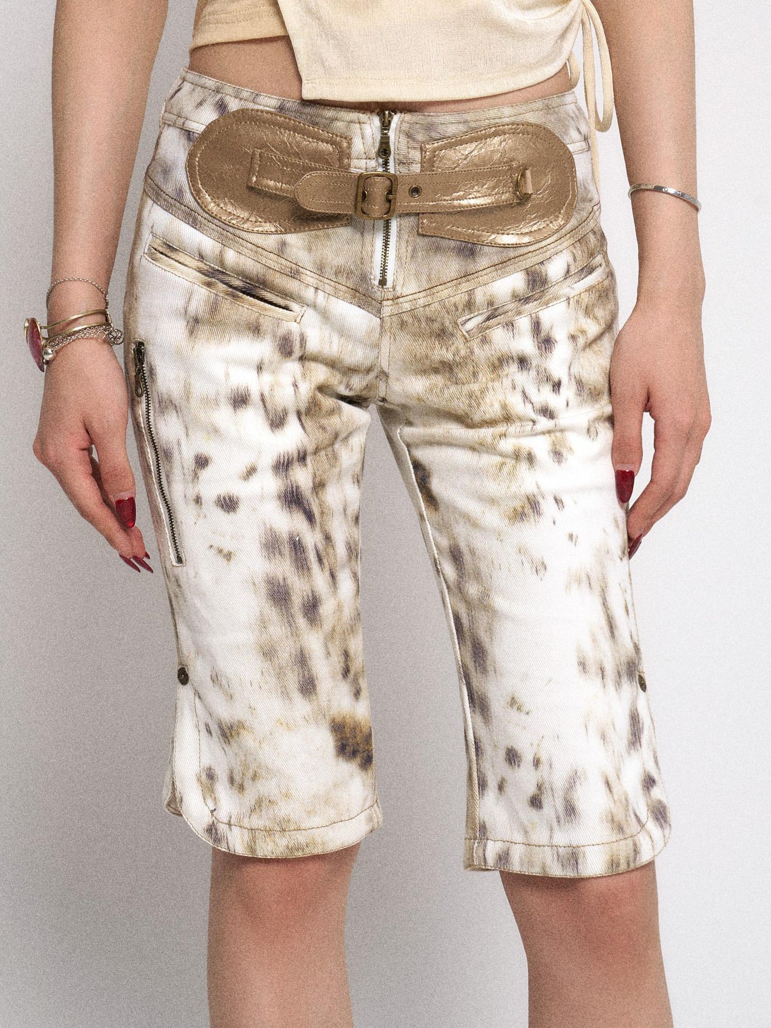 Flowers birds Market Gradient Leopard Print Denim PU Belted Flare Shorts