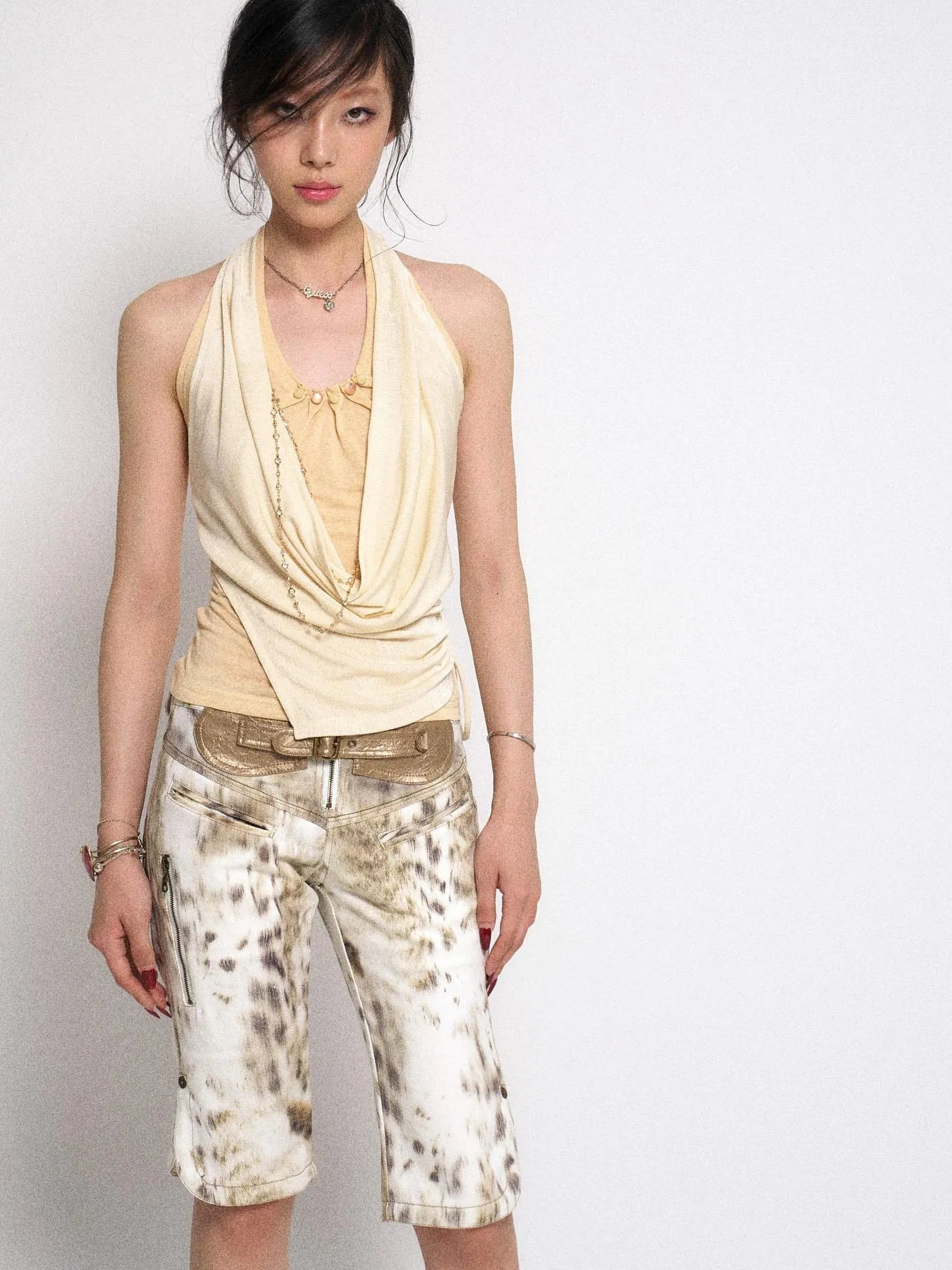 Gradient Leopard Print Denim PU Belted Flare Shorts